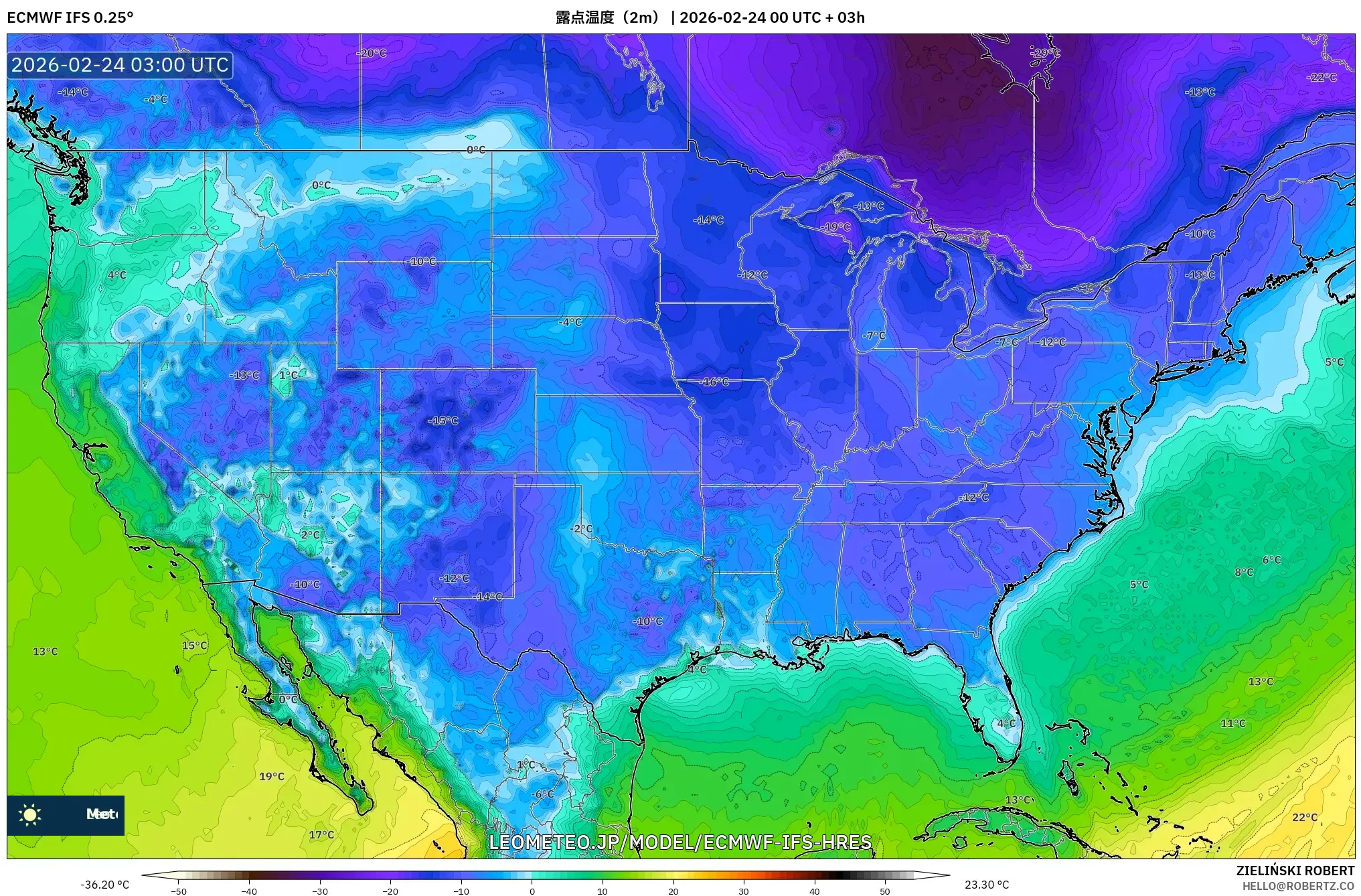 ECMWF IFS 0.25° model - アメリカ合衆国, 露点温度（2m）