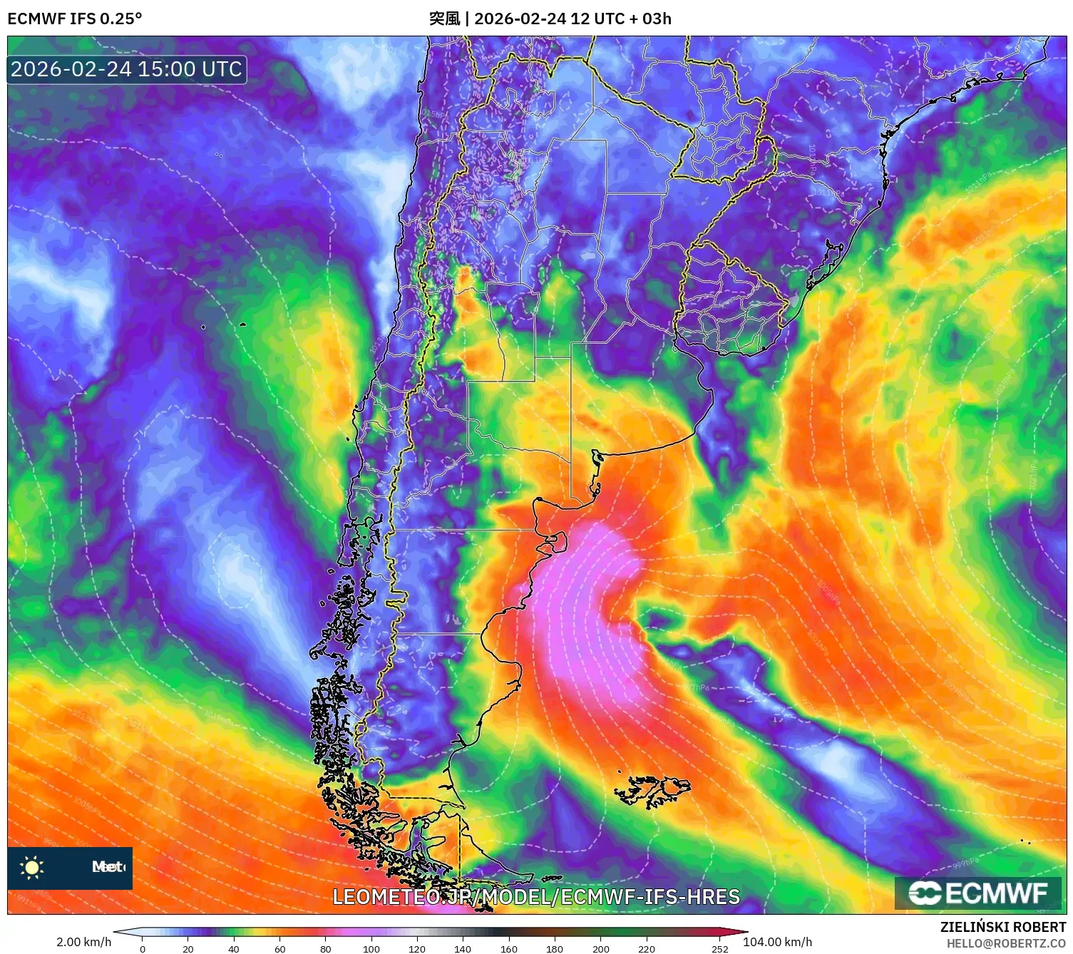 ECMWF IFS 0.25° model - アルゼンチン, 突風