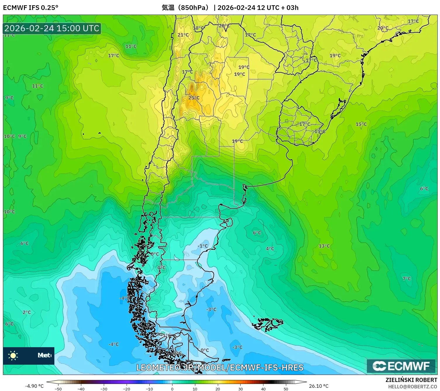 ECMWF IFS 0.25° model - アルゼンチン, 気温（850hPa）