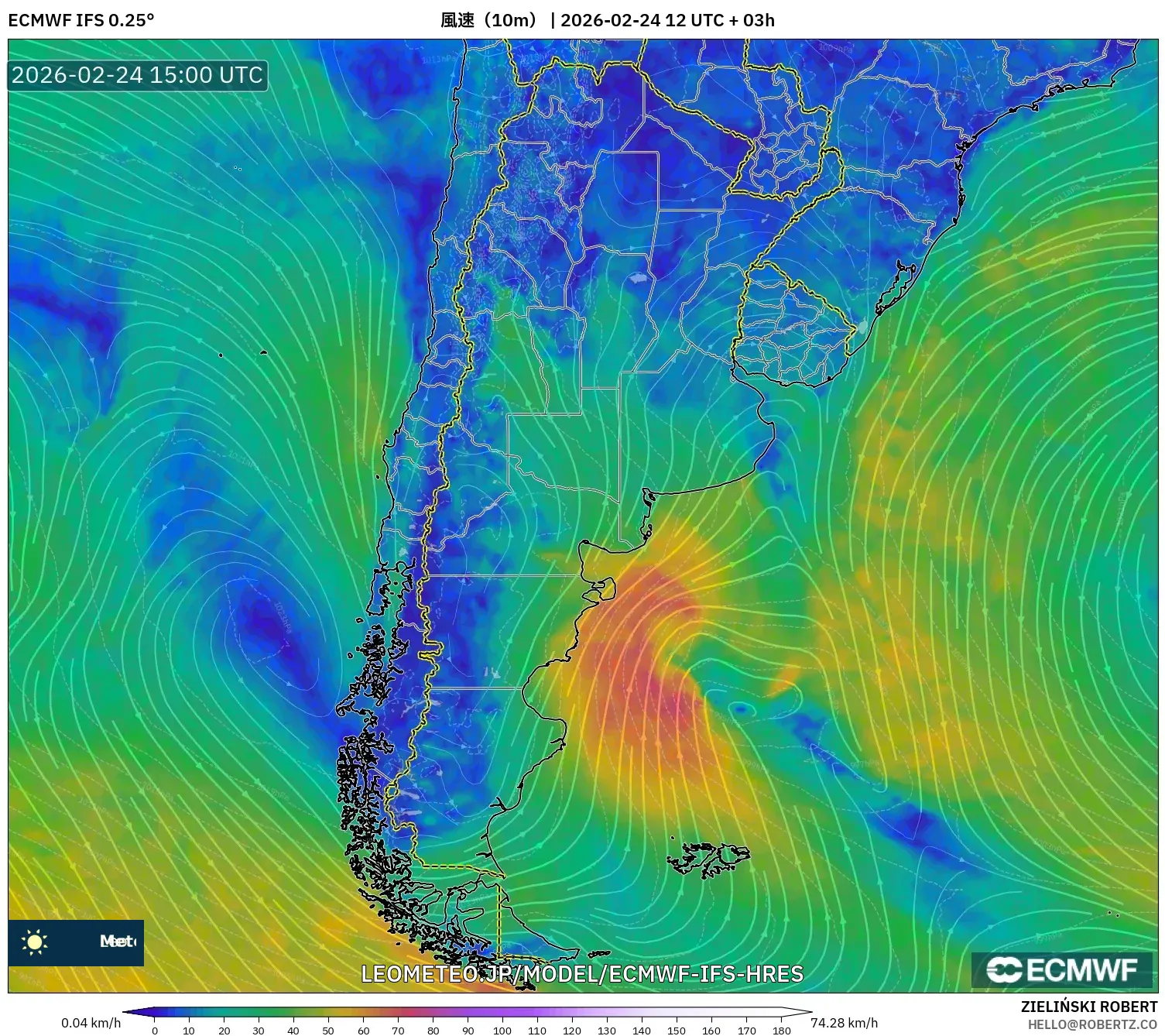 ECMWF IFS 0.25° model - アルゼンチン, 風速（10m）