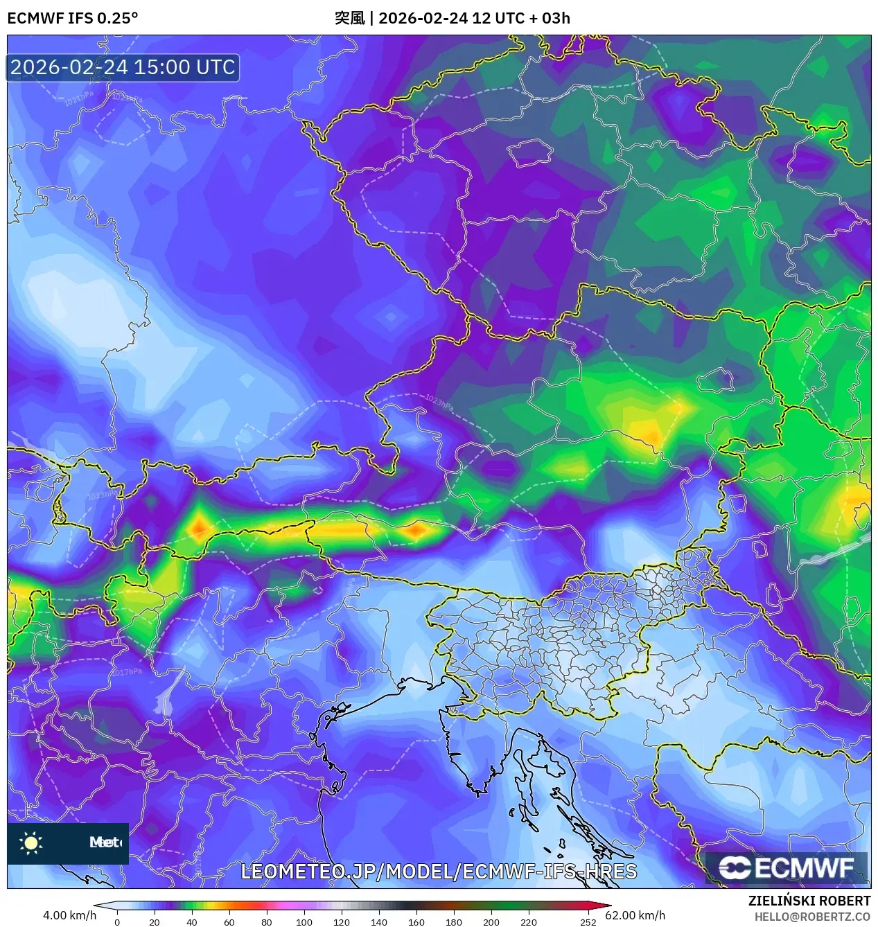 ECMWF IFS 0.25° model - オーストリア, 突風