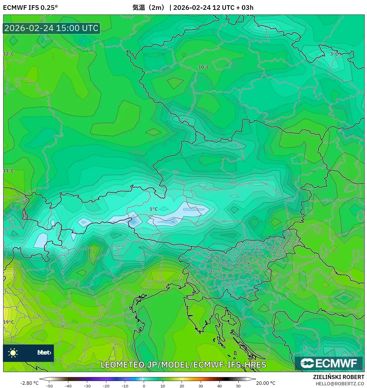 ECMWF IFS 0.25° model - オーストリア, 気温（2m）