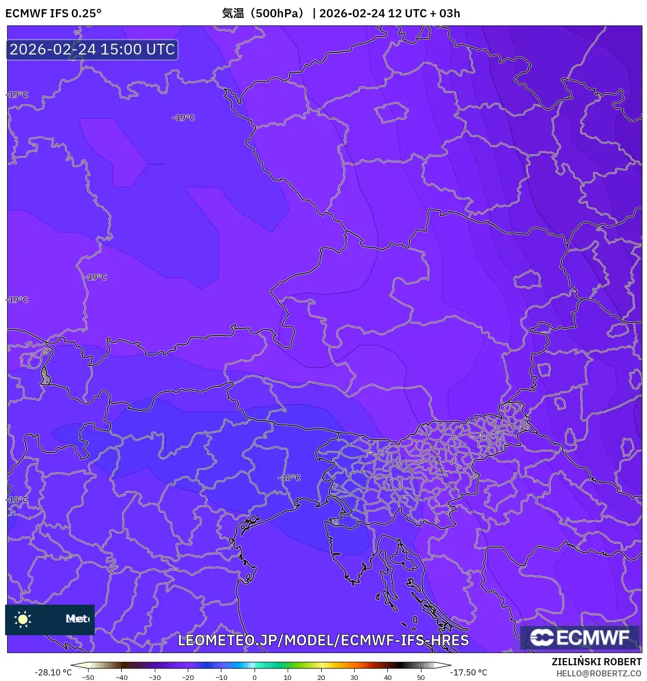ECMWF IFS 0.25° model - オーストリア, 気温（500hPa）