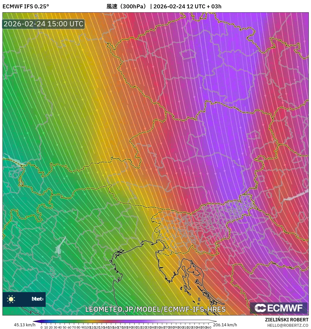 ECMWF IFS 0.25° model - オーストリア, 風速（300hPa）