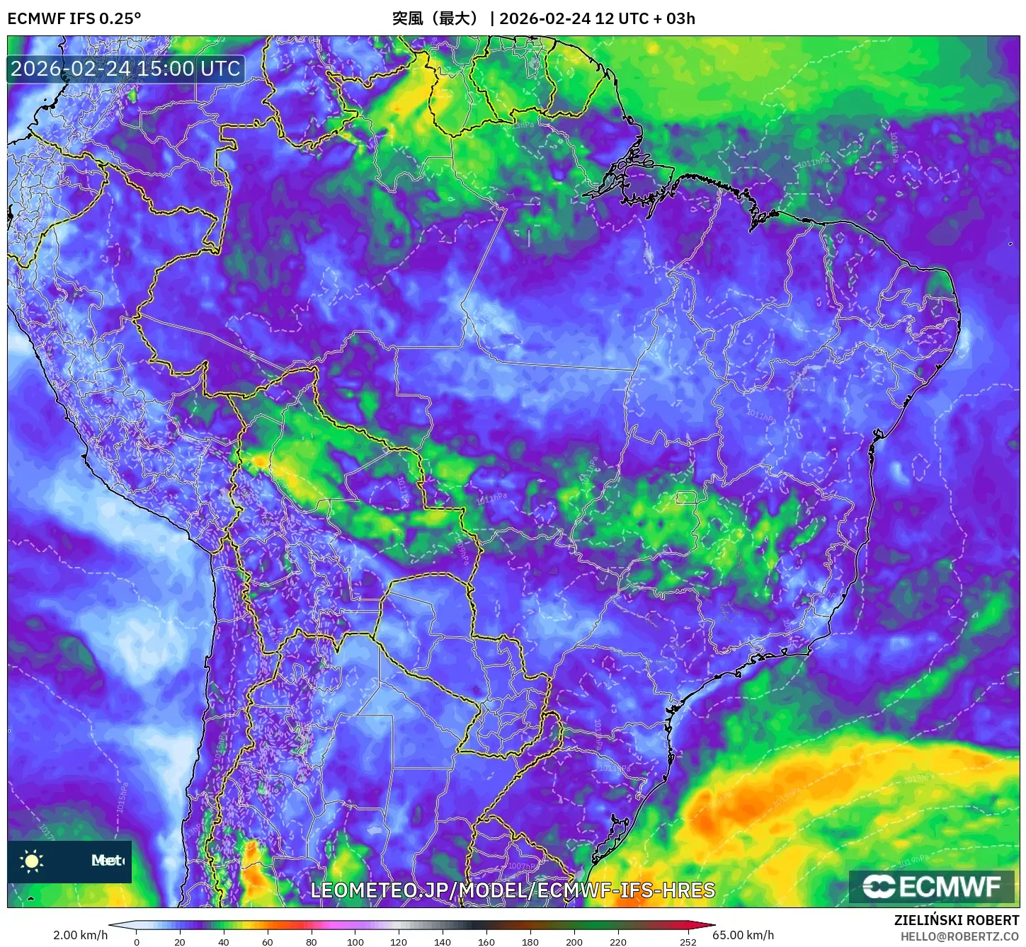 ECMWF IFS 0.25° model - ブラジル, 突風（最大）