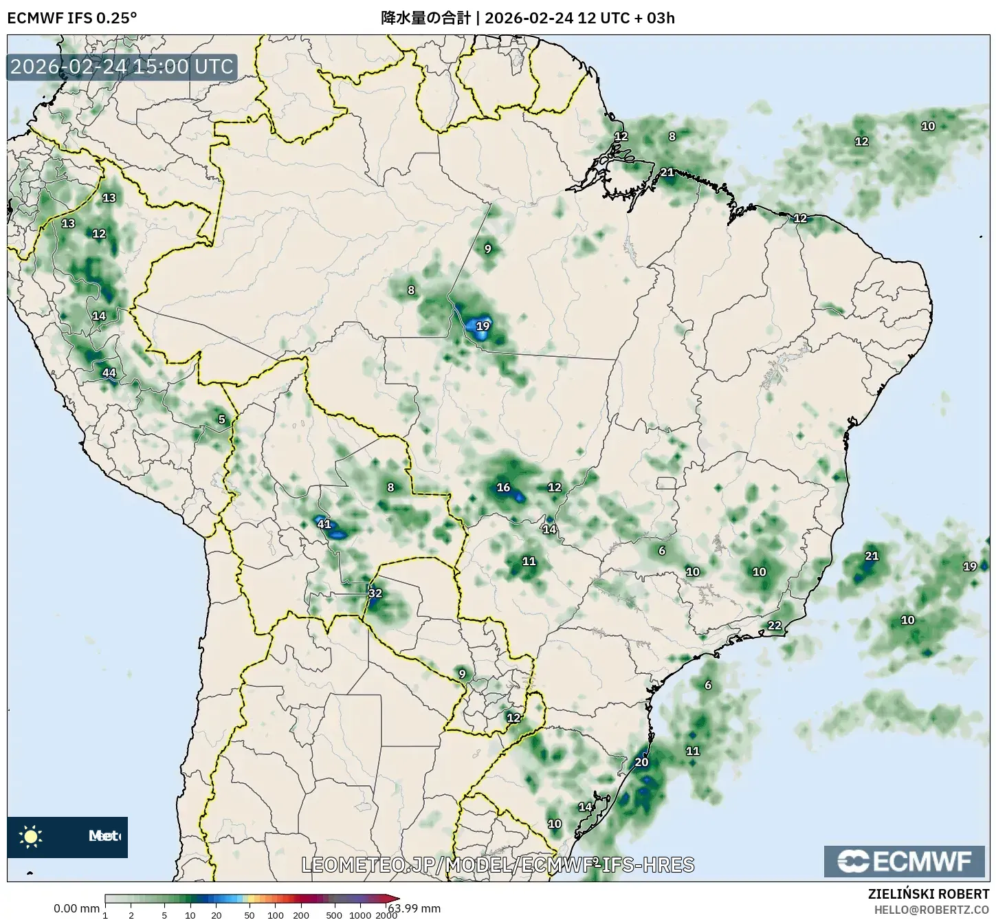 ECMWF IFS 0.25° model - ブラジル, 降水量の合計