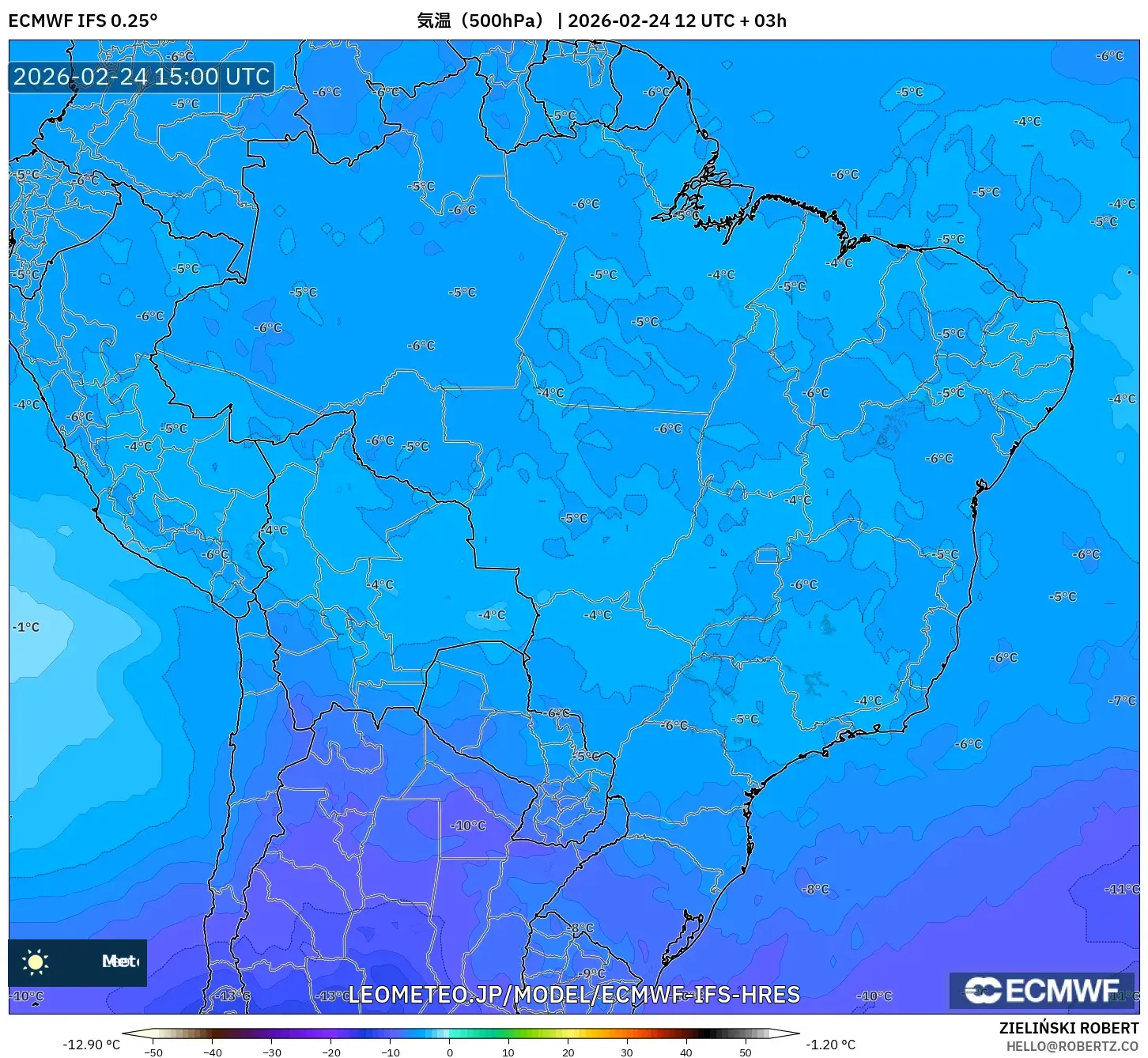 ECMWF IFS 0.25° model - ブラジル, 気温（500hPa）