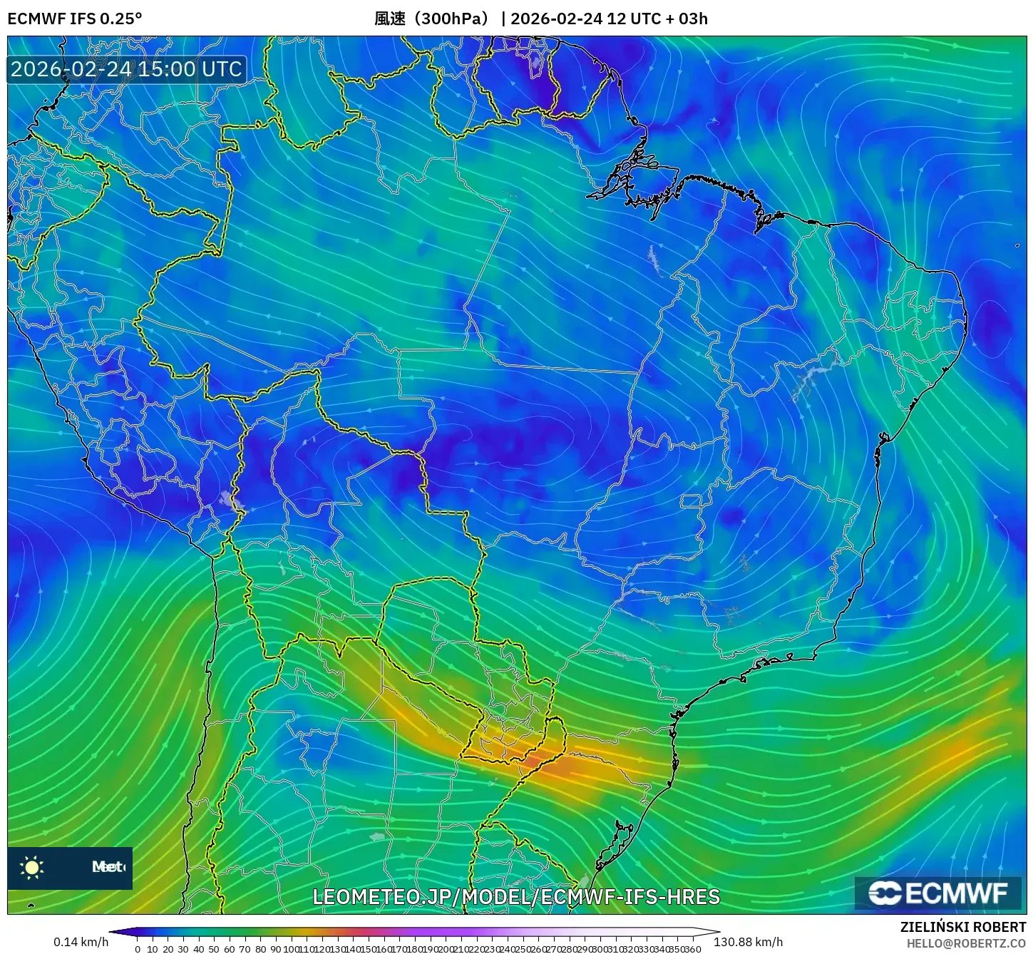 ECMWF IFS 0.25° model - ブラジル, 風速（300hPa）
