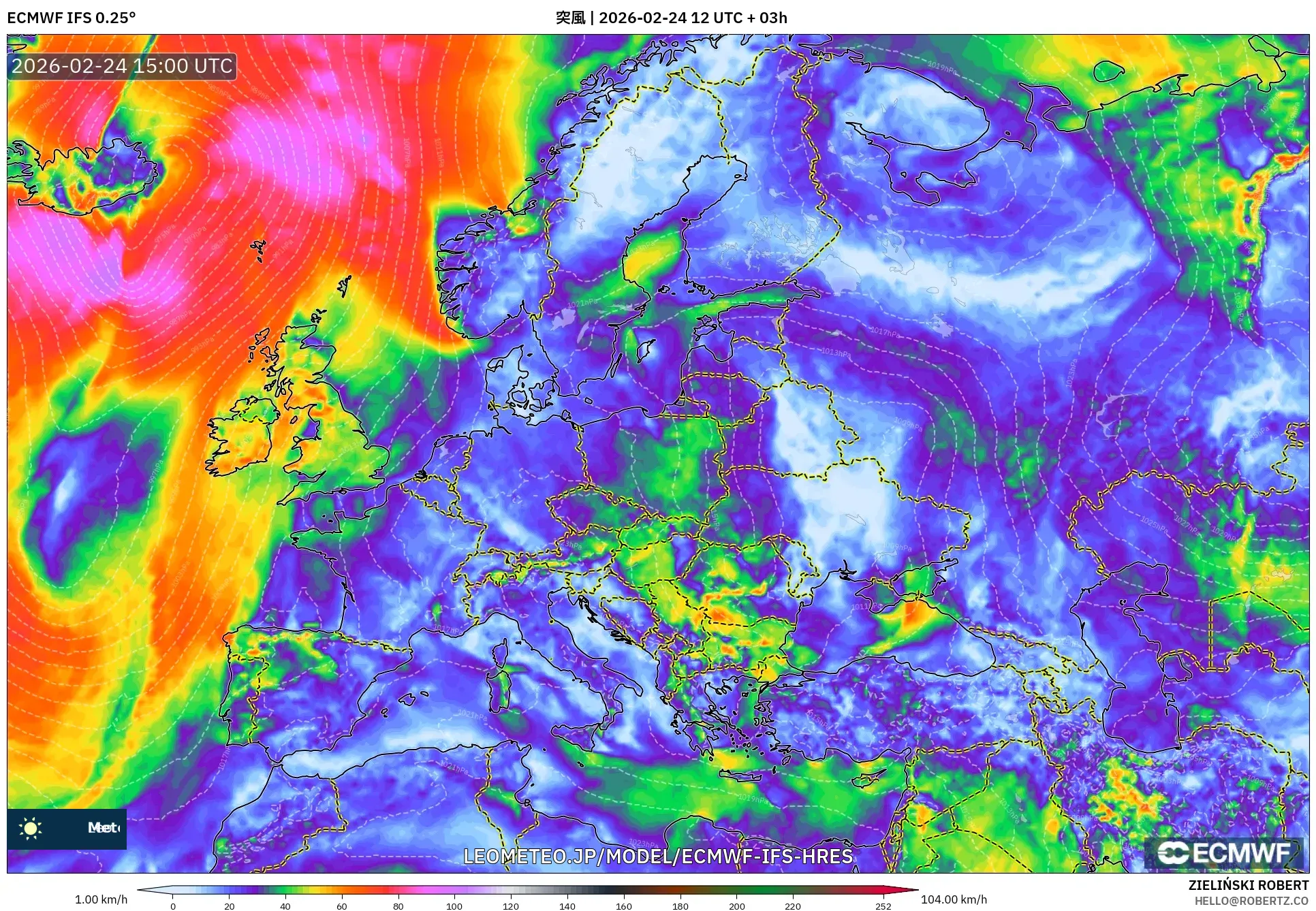 ECMWF IFS 0.25° model - ヨーロッパ, 突風