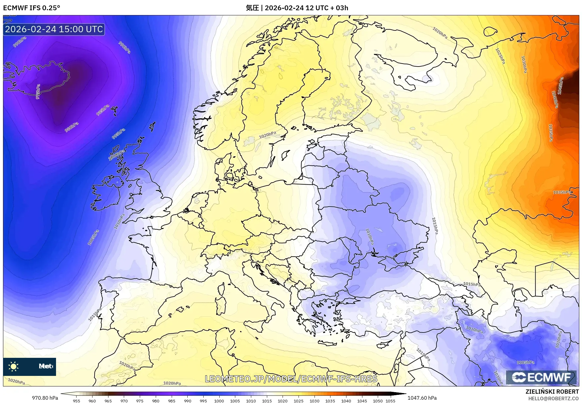 ECMWF IFS 0.25° model - ヨーロッパ, 気圧