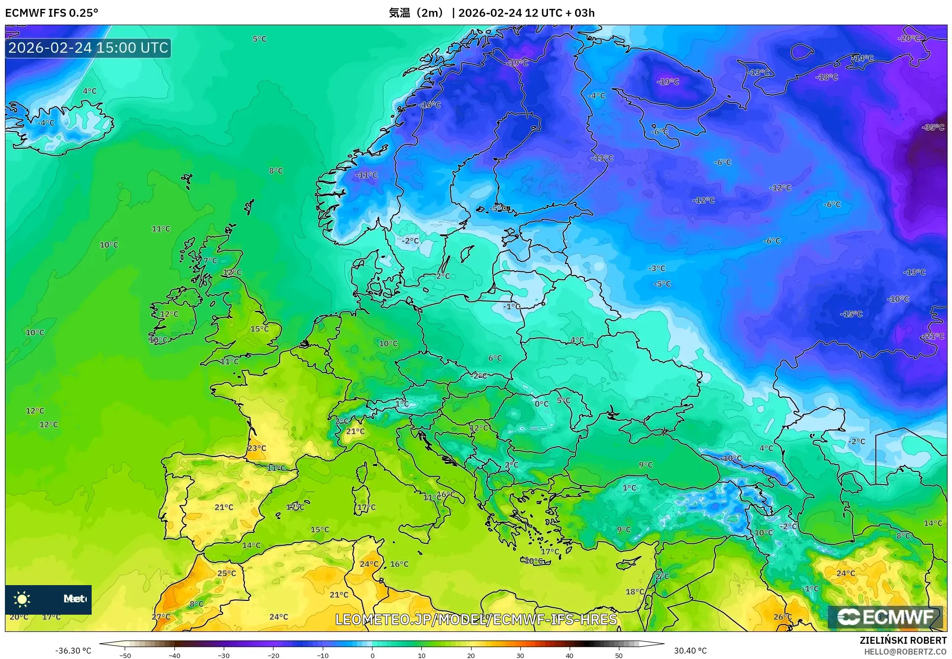 ECMWF IFS 0.25° model - ヨーロッパ, 気温（2m）