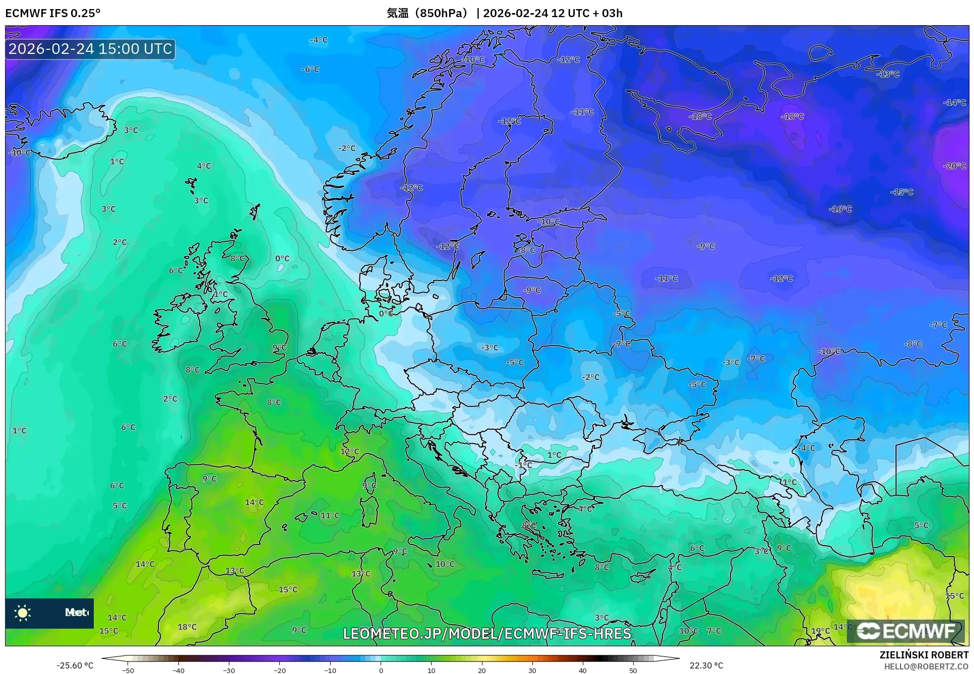 ECMWF IFS 0.25° model - ヨーロッパ, 気温（850hPa）