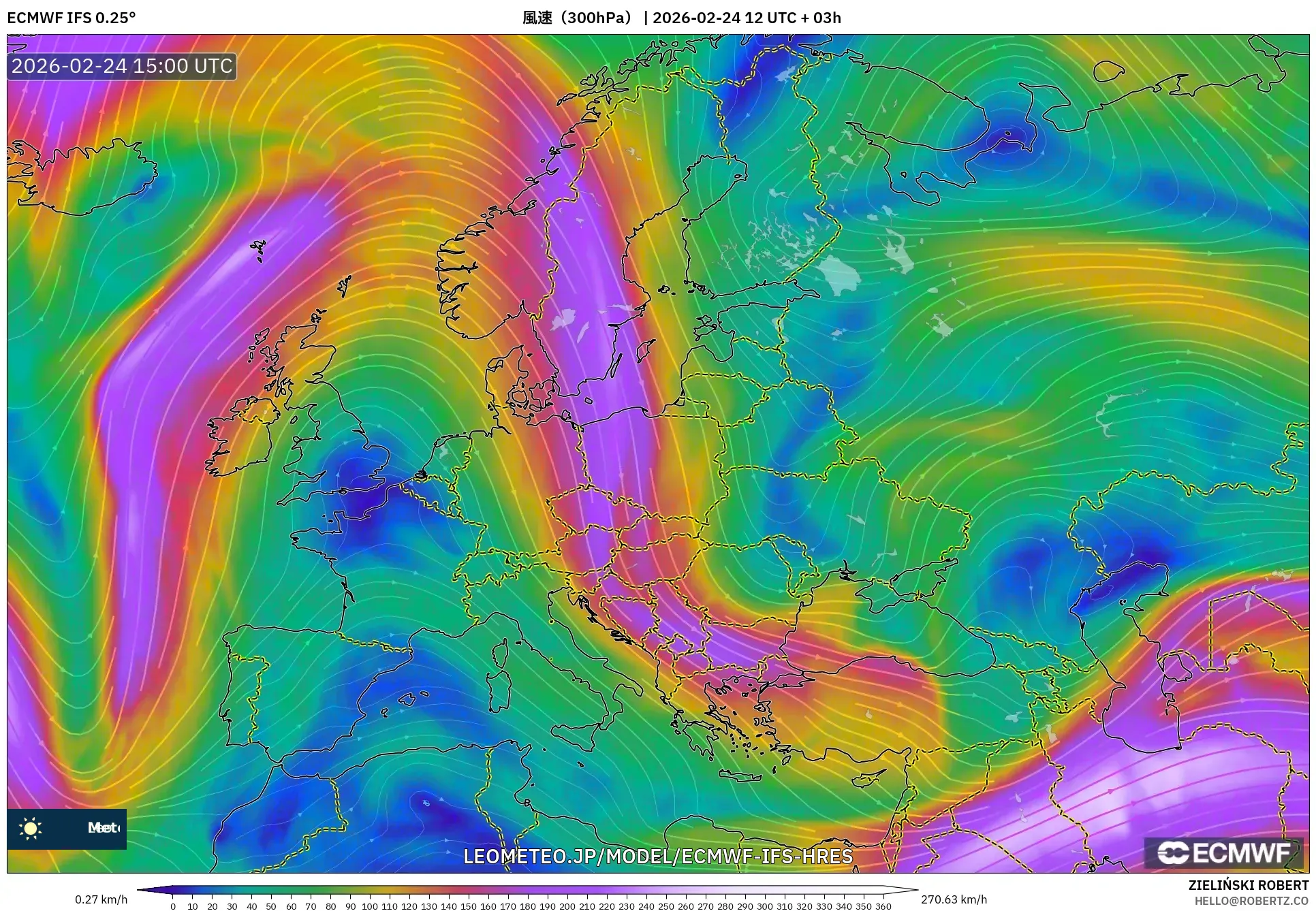 ECMWF IFS 0.25° model - ヨーロッパ, 風速（300hPa）
