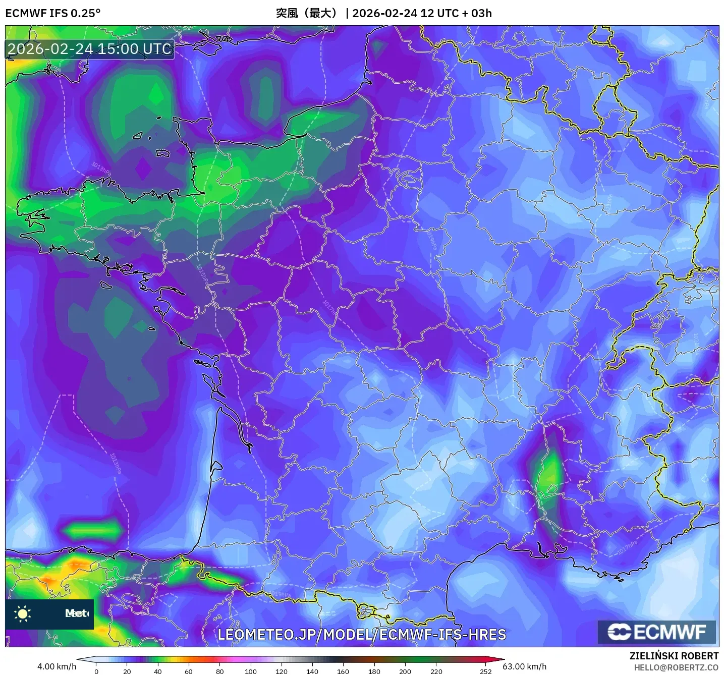 ECMWF IFS 0.25° model - フランス, 突風（最大）