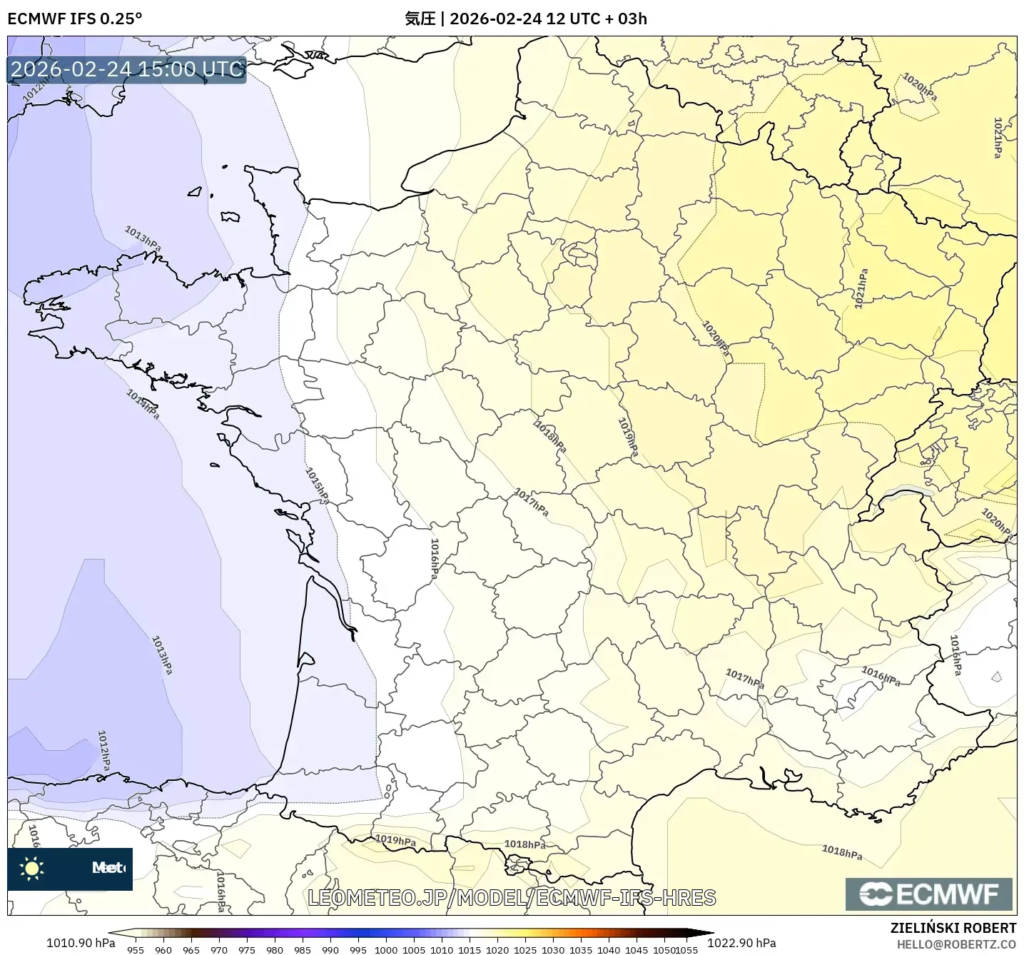 ECMWF IFS 0.25° model - フランス, 気圧