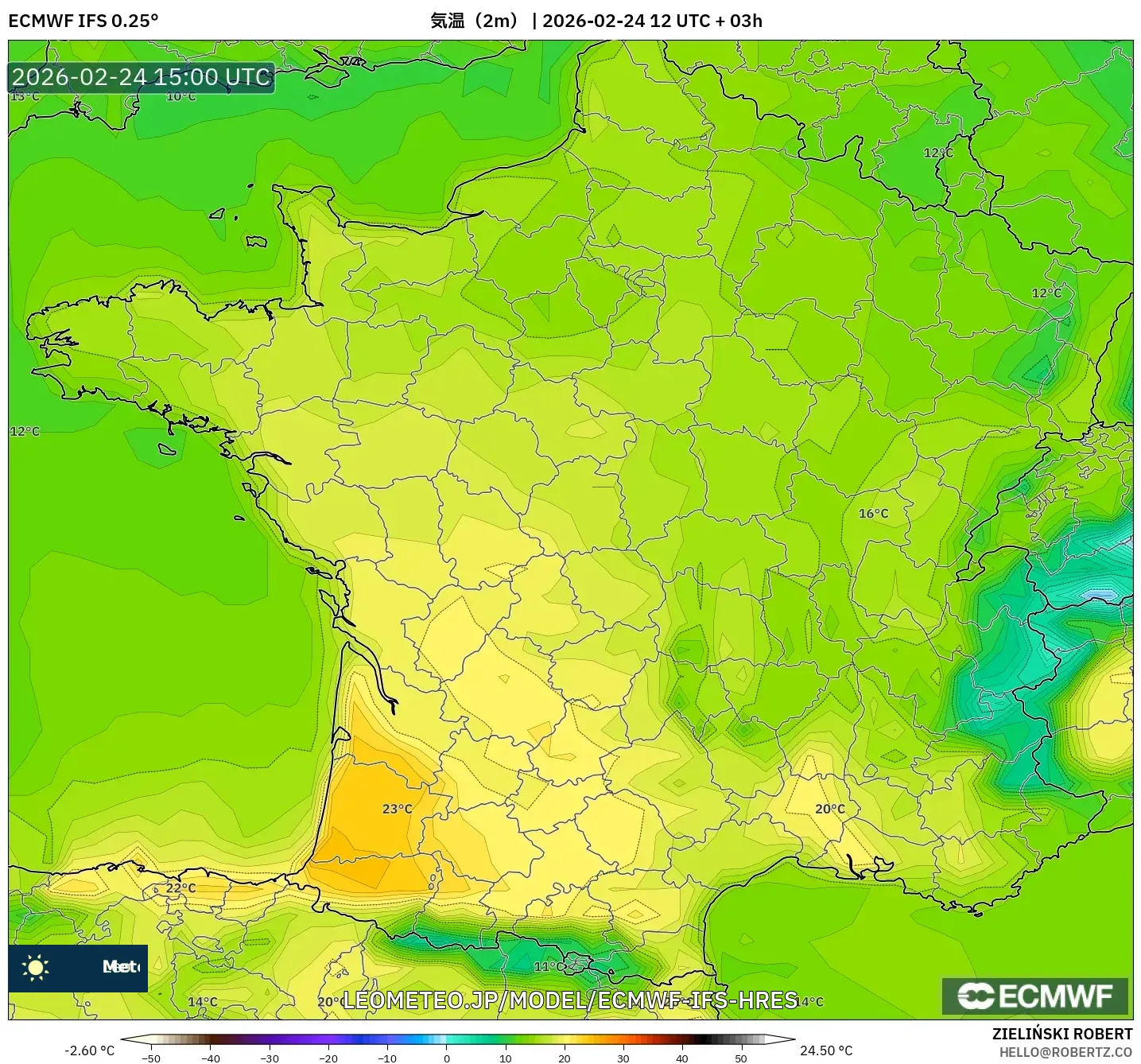 ECMWF IFS 0.25° model - フランス, 気温（2m）