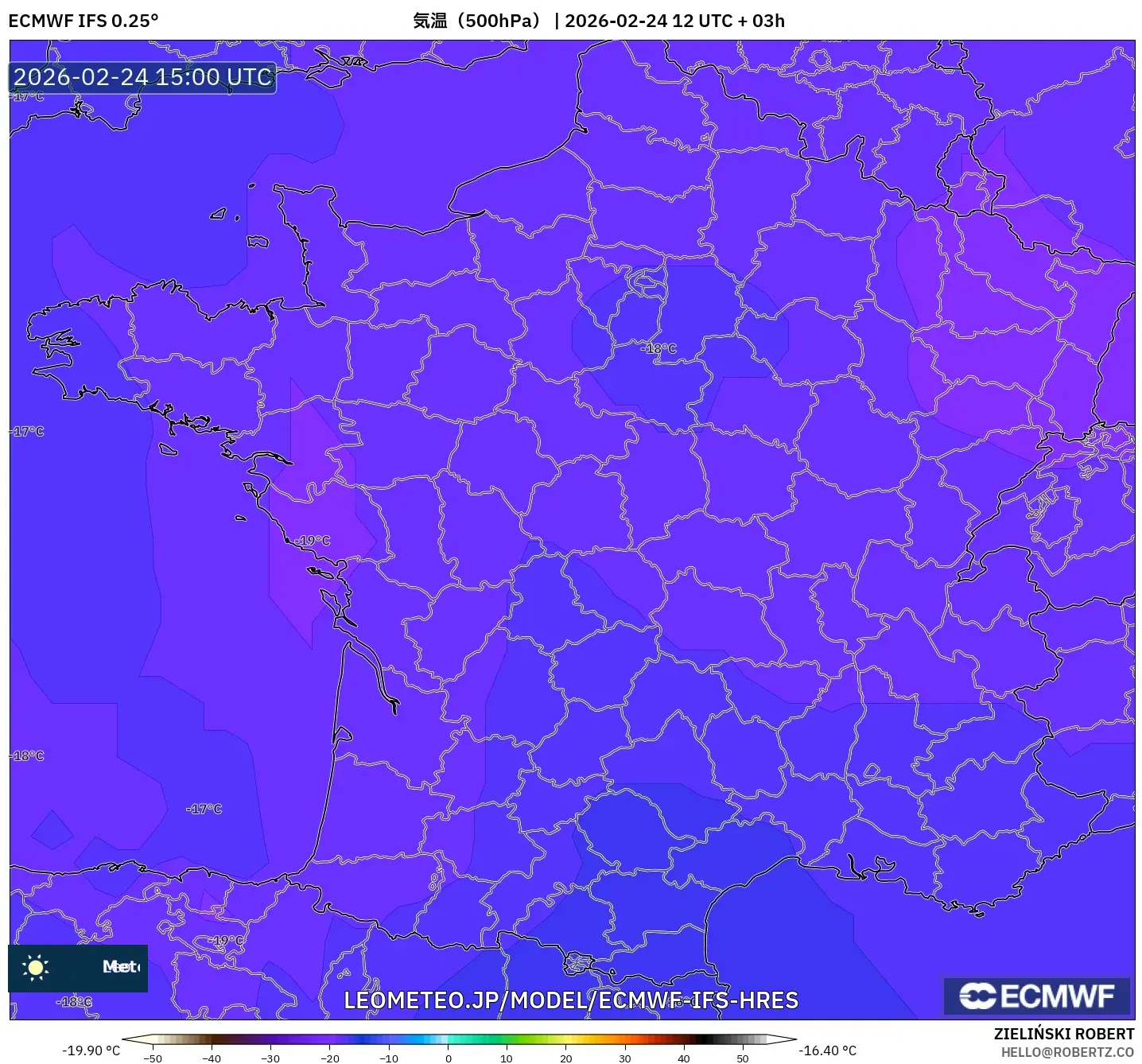 ECMWF IFS 0.25° model - フランス, 気温（500hPa）