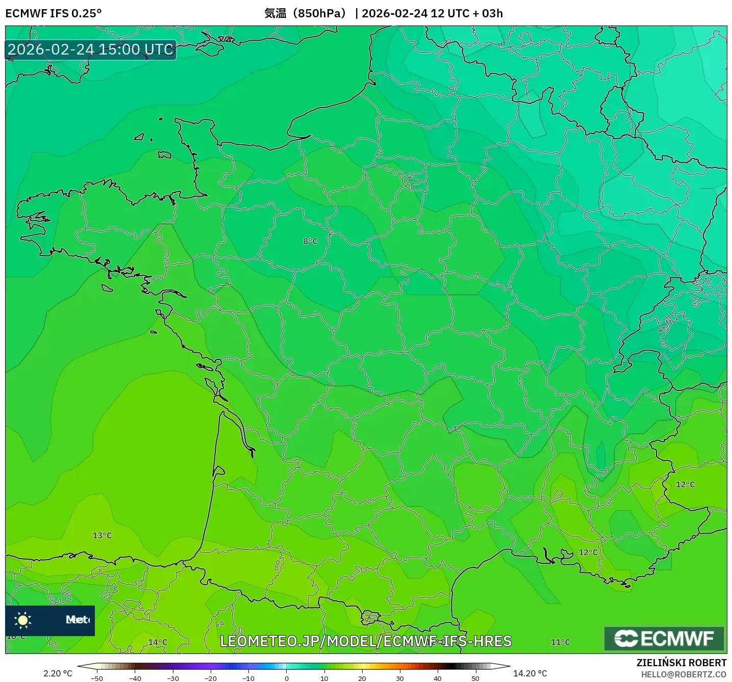 ECMWF IFS 0.25° model - フランス, 気温（850hPa）