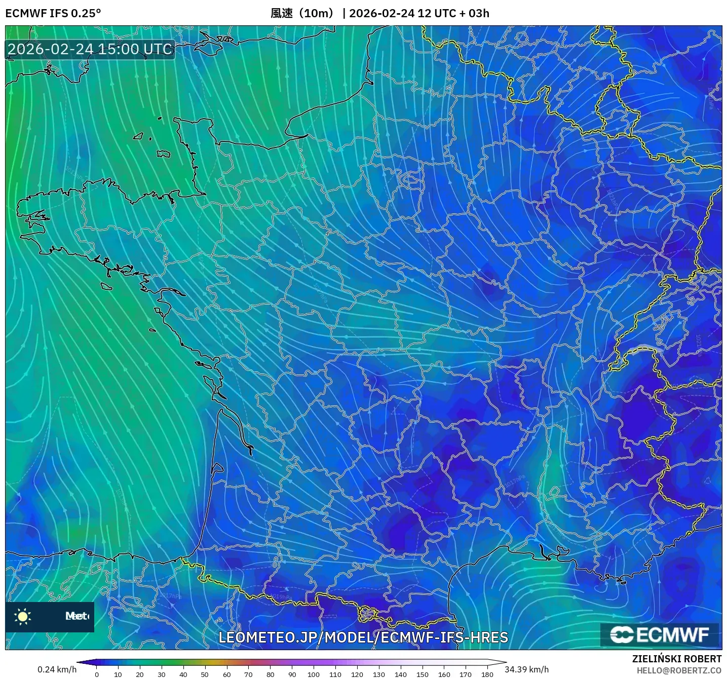 ECMWF IFS 0.25° model - フランス, 風速（10m）