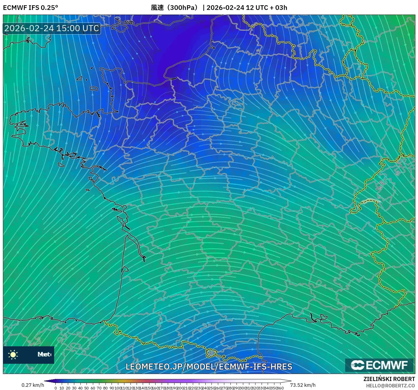 ECMWF IFS 0.25° model - フランス, 風速（300hPa）
