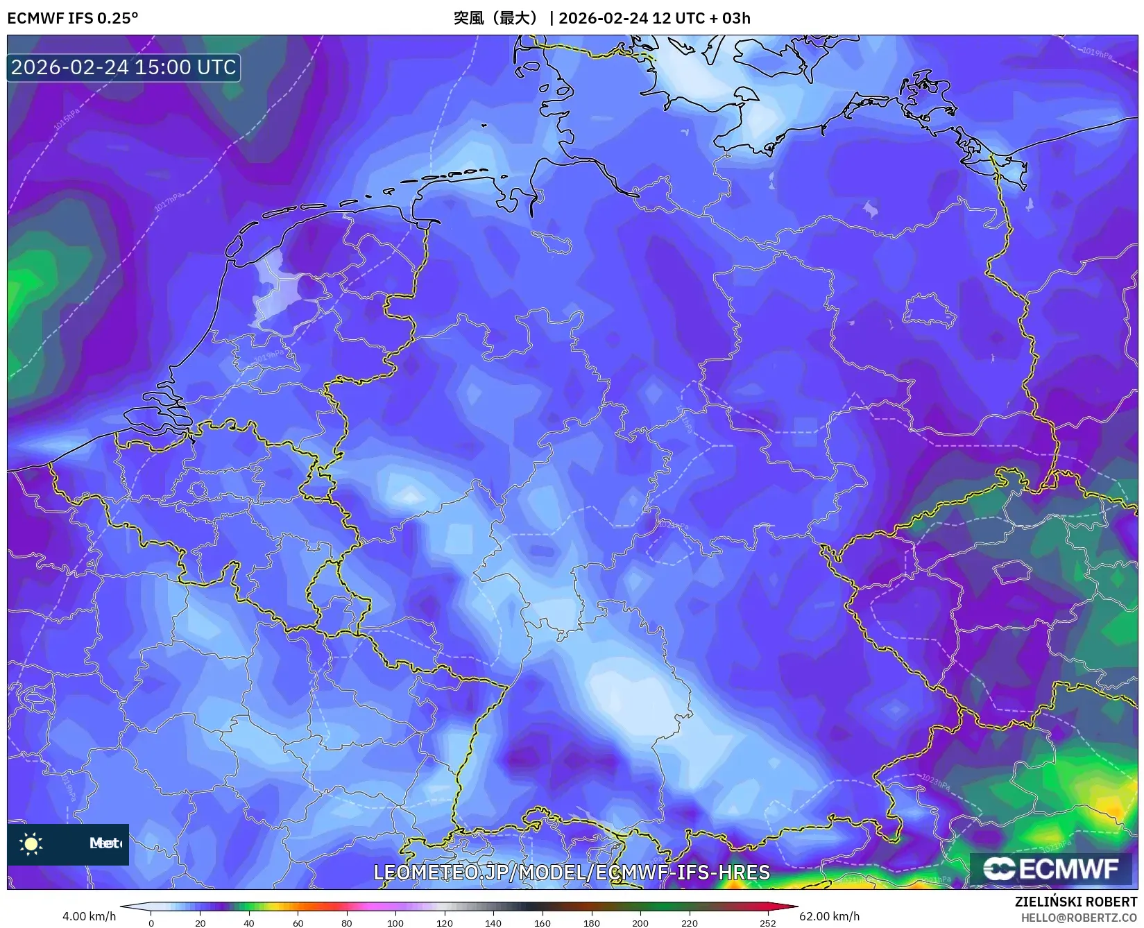ECMWF IFS 0.25° model - ドイツ, 突風（最大）