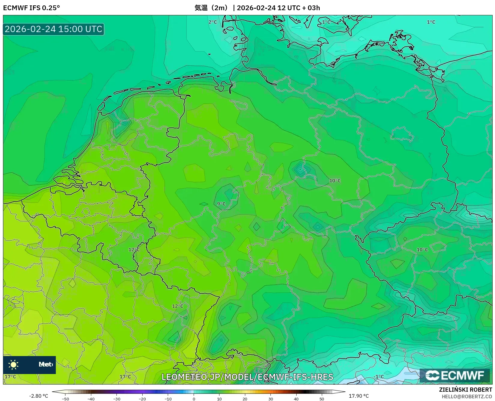 ECMWF IFS 0.25° model - ドイツ, 気温（2m）