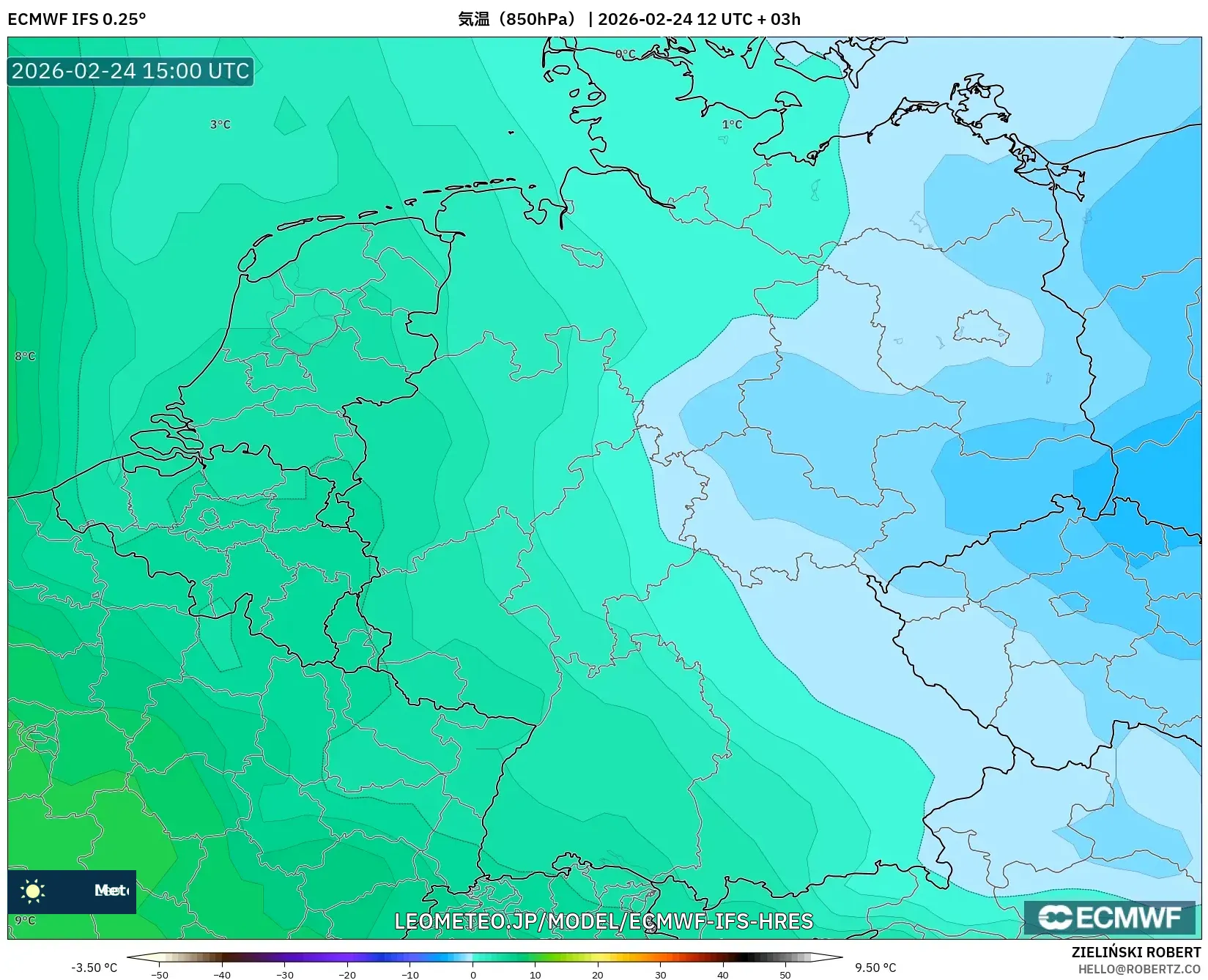 ECMWF IFS 0.25° model - ドイツ, 気温（850hPa）