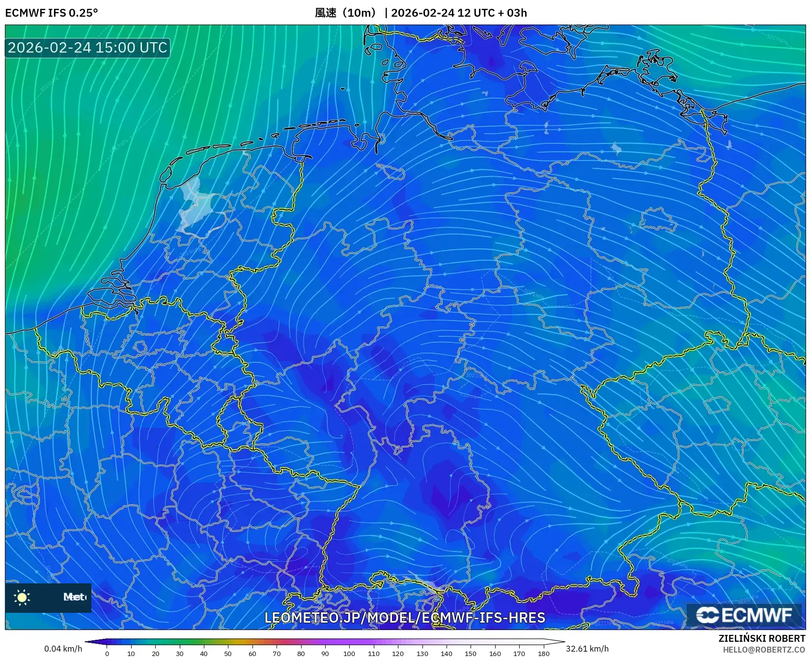 ECMWF IFS 0.25° model - ドイツ, 風速（10m）
