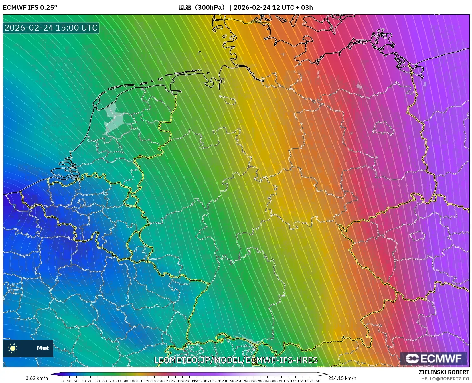 ECMWF IFS 0.25° model - ドイツ, 風速（300hPa）