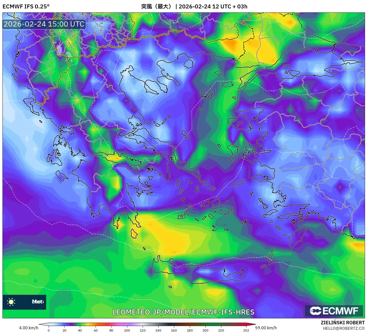ECMWF IFS 0.25° model - ギリシャ, 突風（最大）