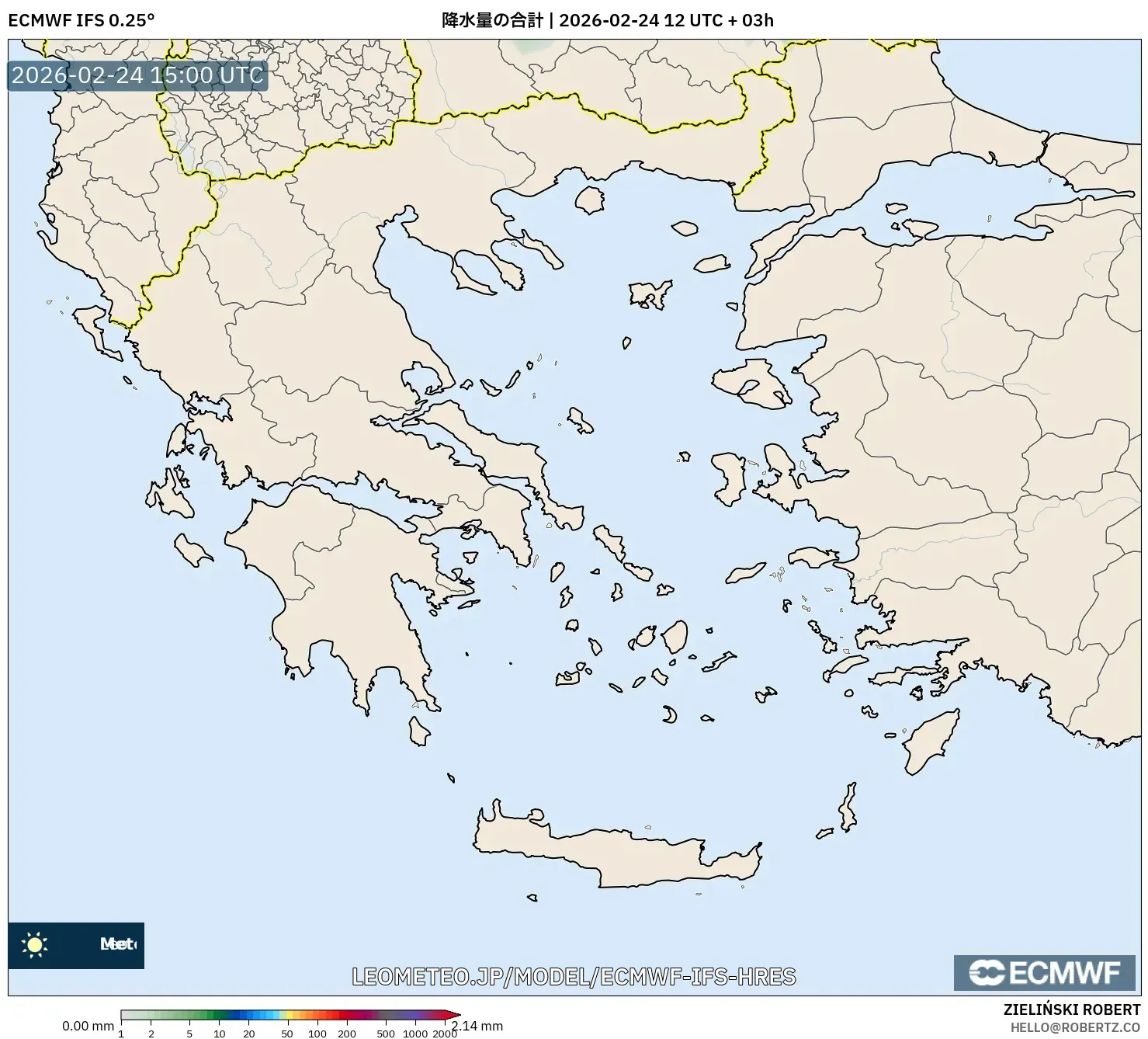 ECMWF IFS 0.25° model - ギリシャ, 降水量の合計
