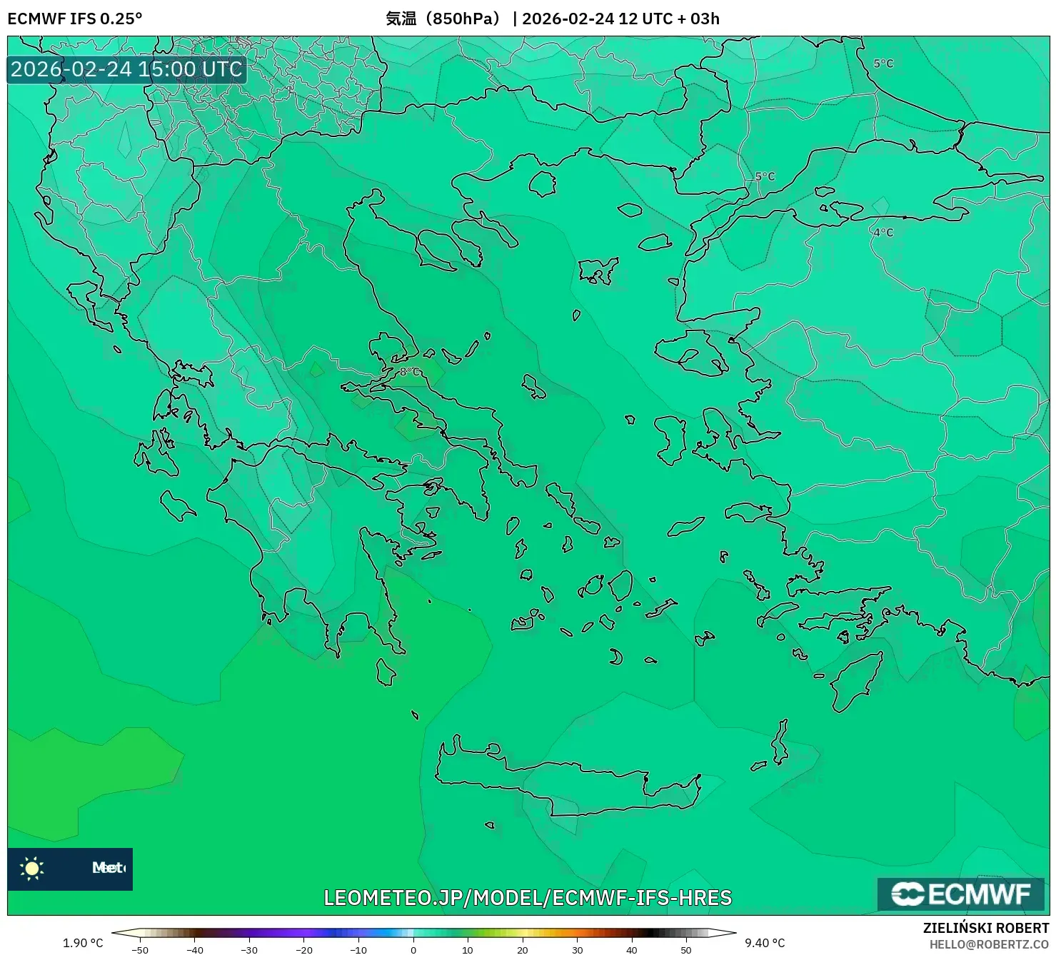 ECMWF IFS 0.25° model - ギリシャ, 気温（850hPa）