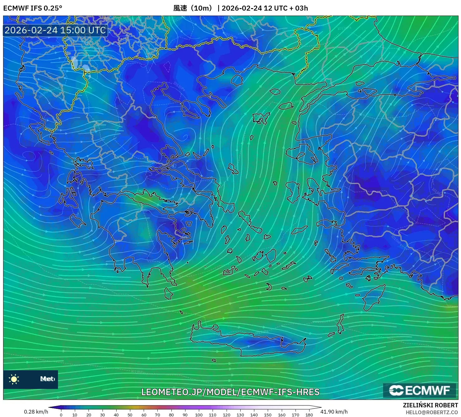 ECMWF IFS 0.25° model - ギリシャ, 風速（10m）