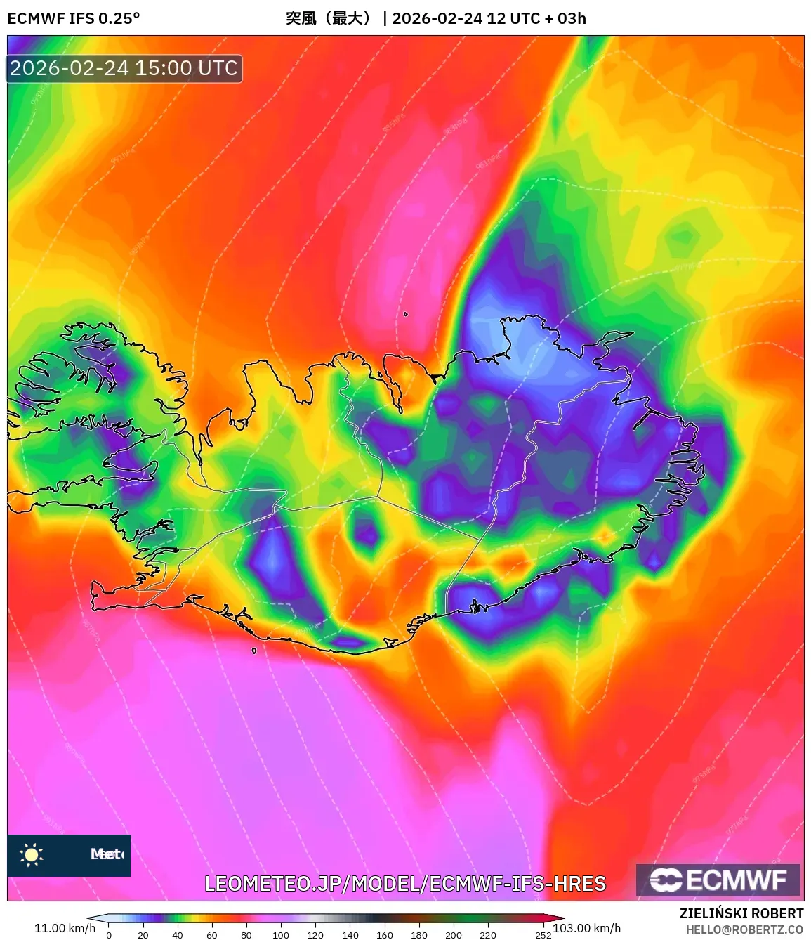 ECMWF IFS 0.25° model - アイスランド, 突風（最大）