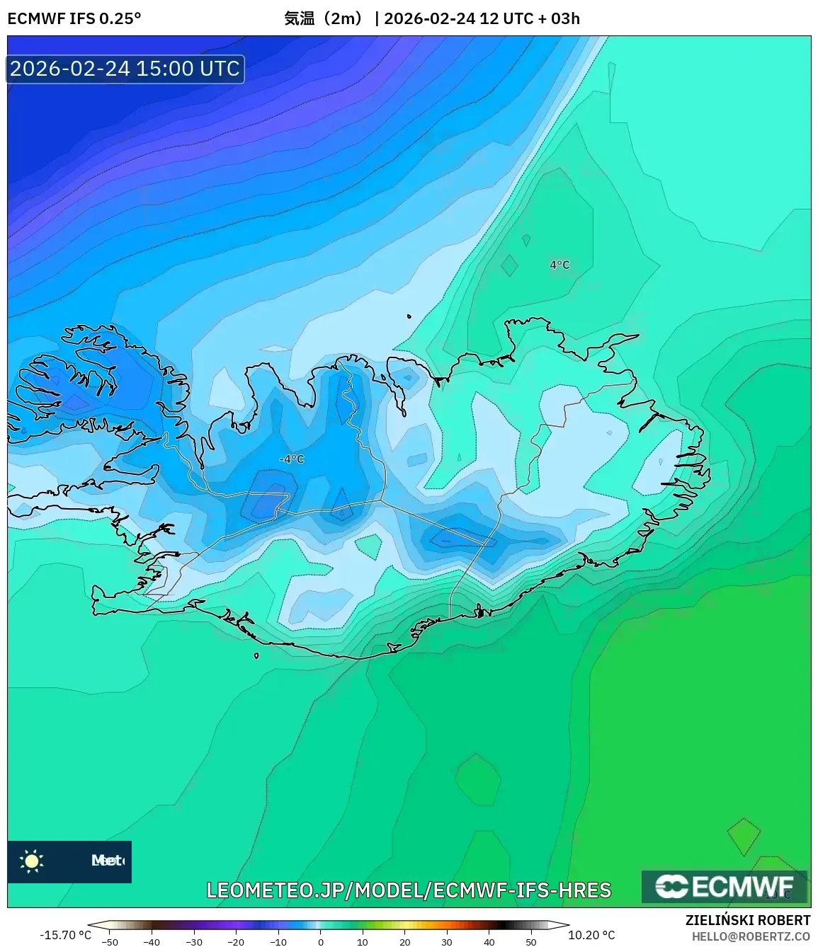 ECMWF IFS 0.25° model - アイスランド, 気温（2m）