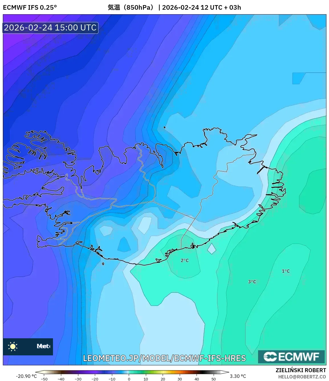 ECMWF IFS 0.25° model - アイスランド, 気温（850hPa）
