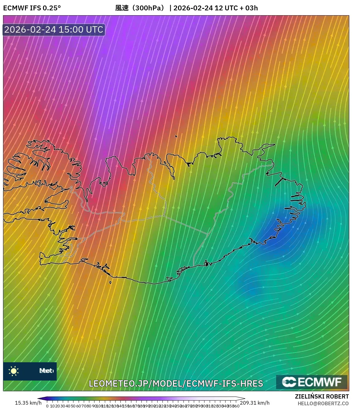 ECMWF IFS 0.25° model - アイスランド, 風速（300hPa）