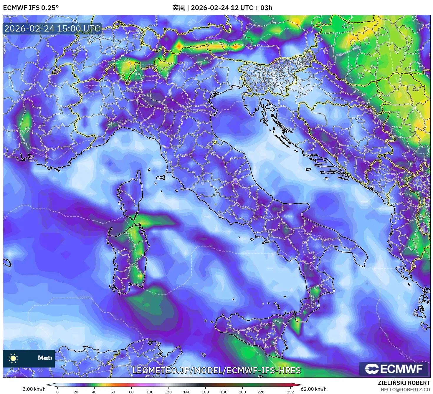 ECMWF IFS 0.25° model - イタリア, 突風