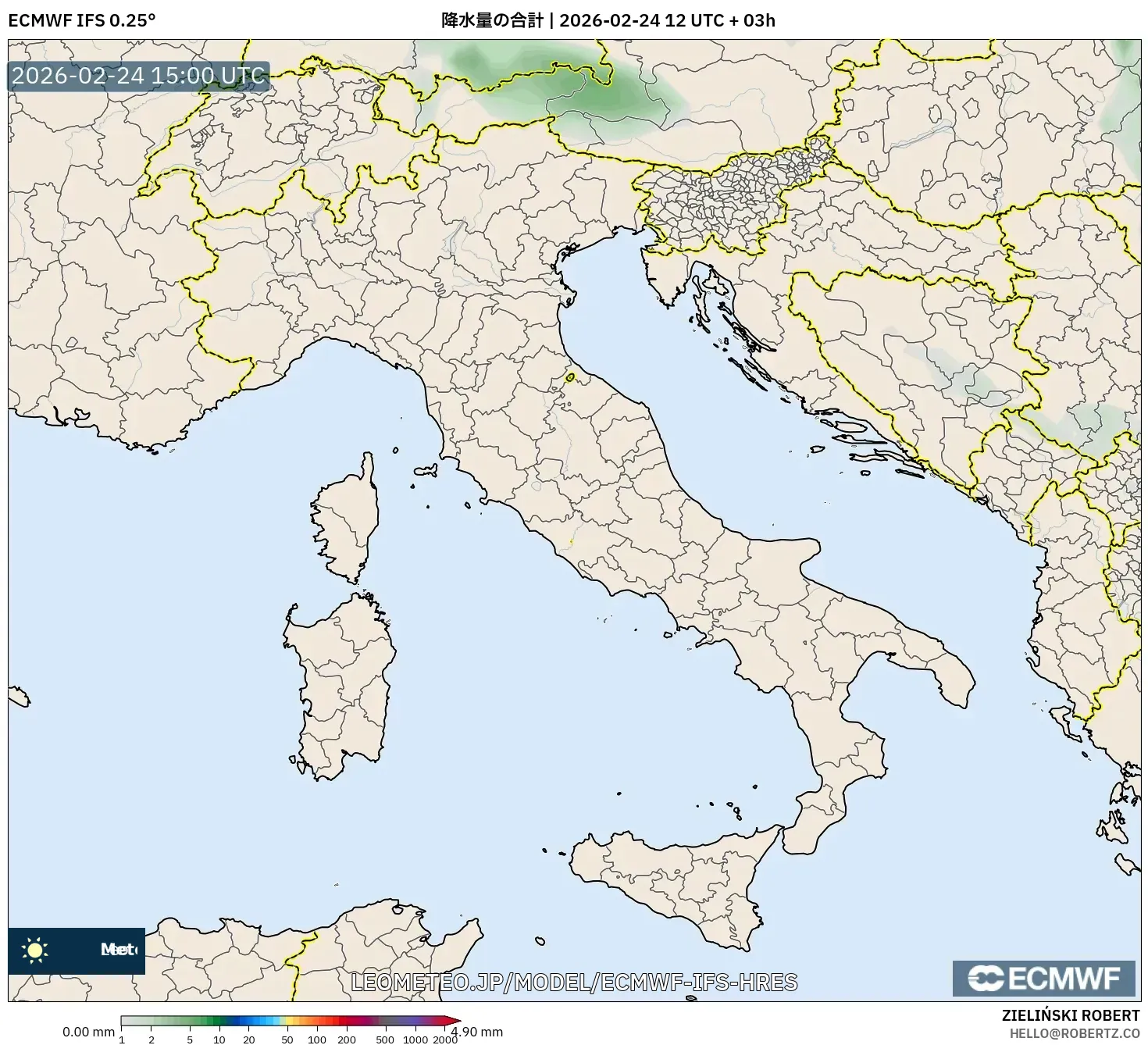 ECMWF IFS 0.25° model - イタリア, 降水量の合計