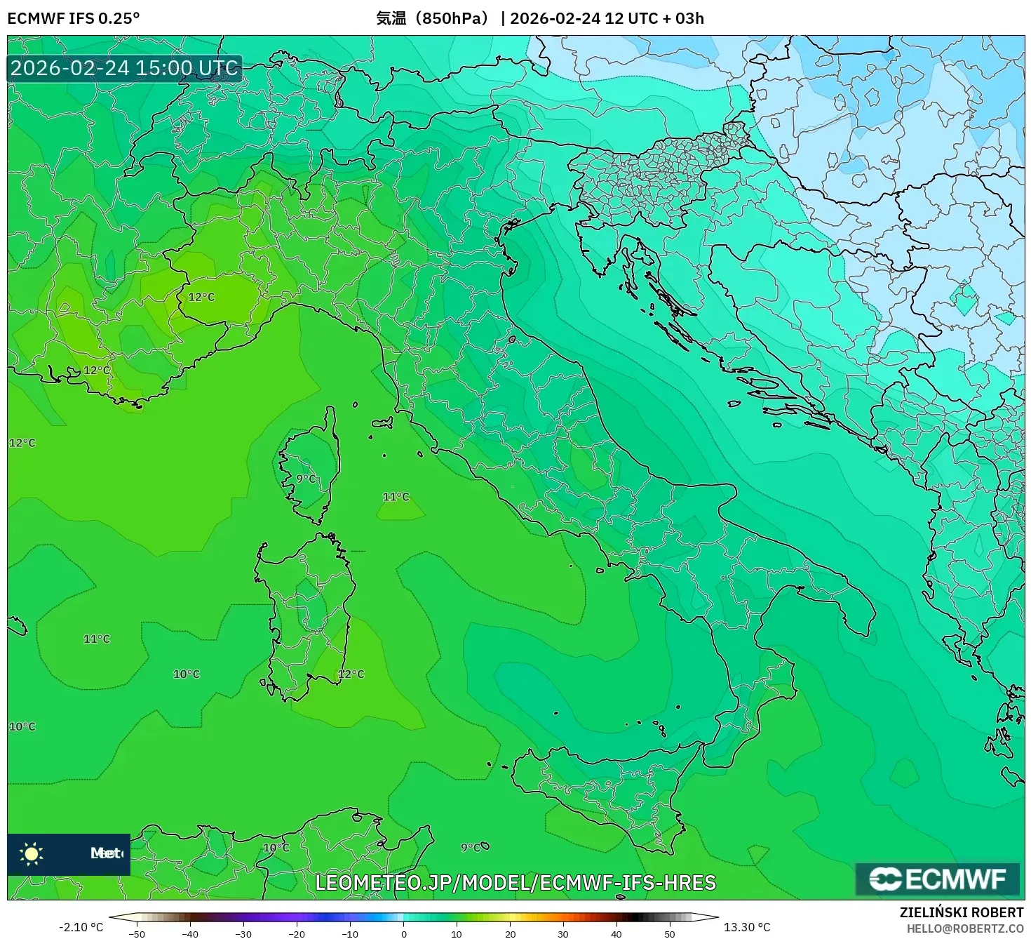ECMWF IFS 0.25° model - イタリア, 気温（850hPa）