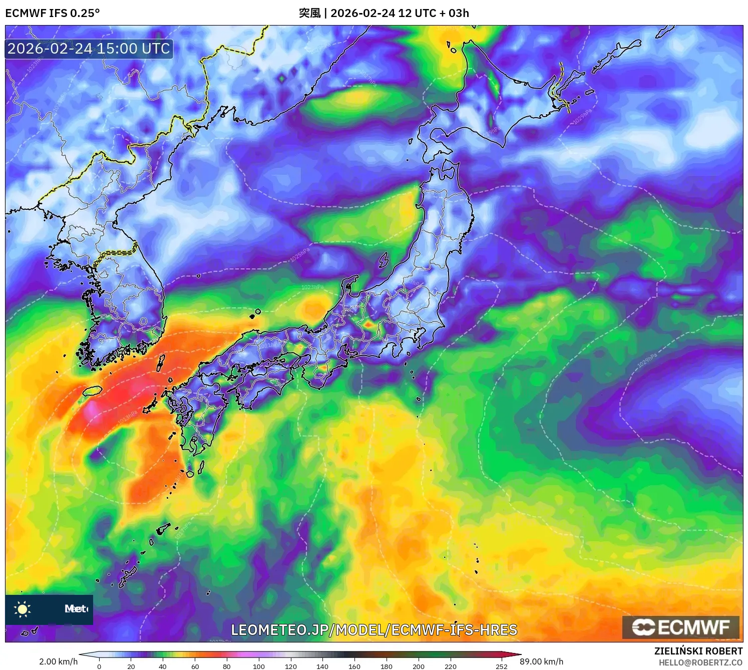 ECMWF IFS 0.25° model - 日本, 突風
