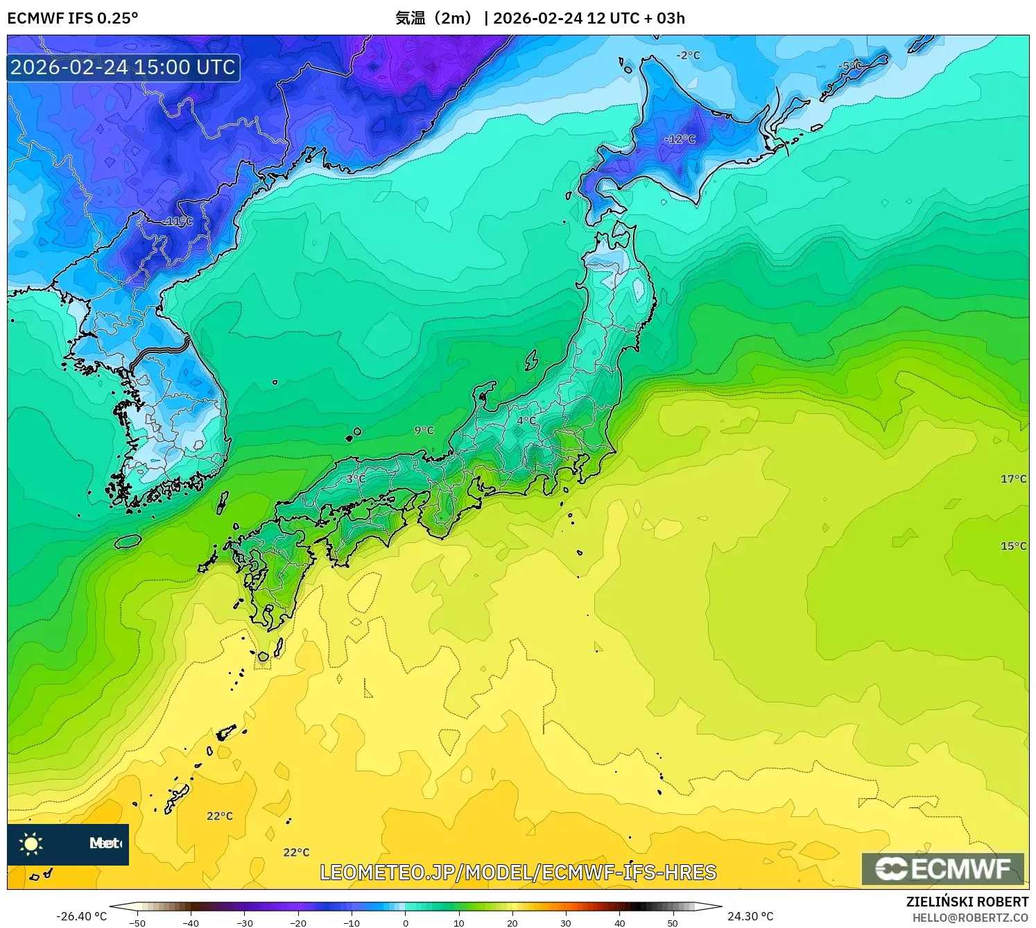 ECMWF IFS 0.25° model - 日本, 気温（2m）
