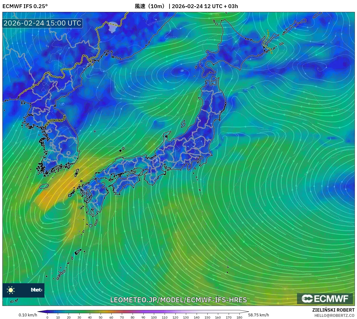 ECMWF IFS 0.25° model - 日本, 風速（10m）