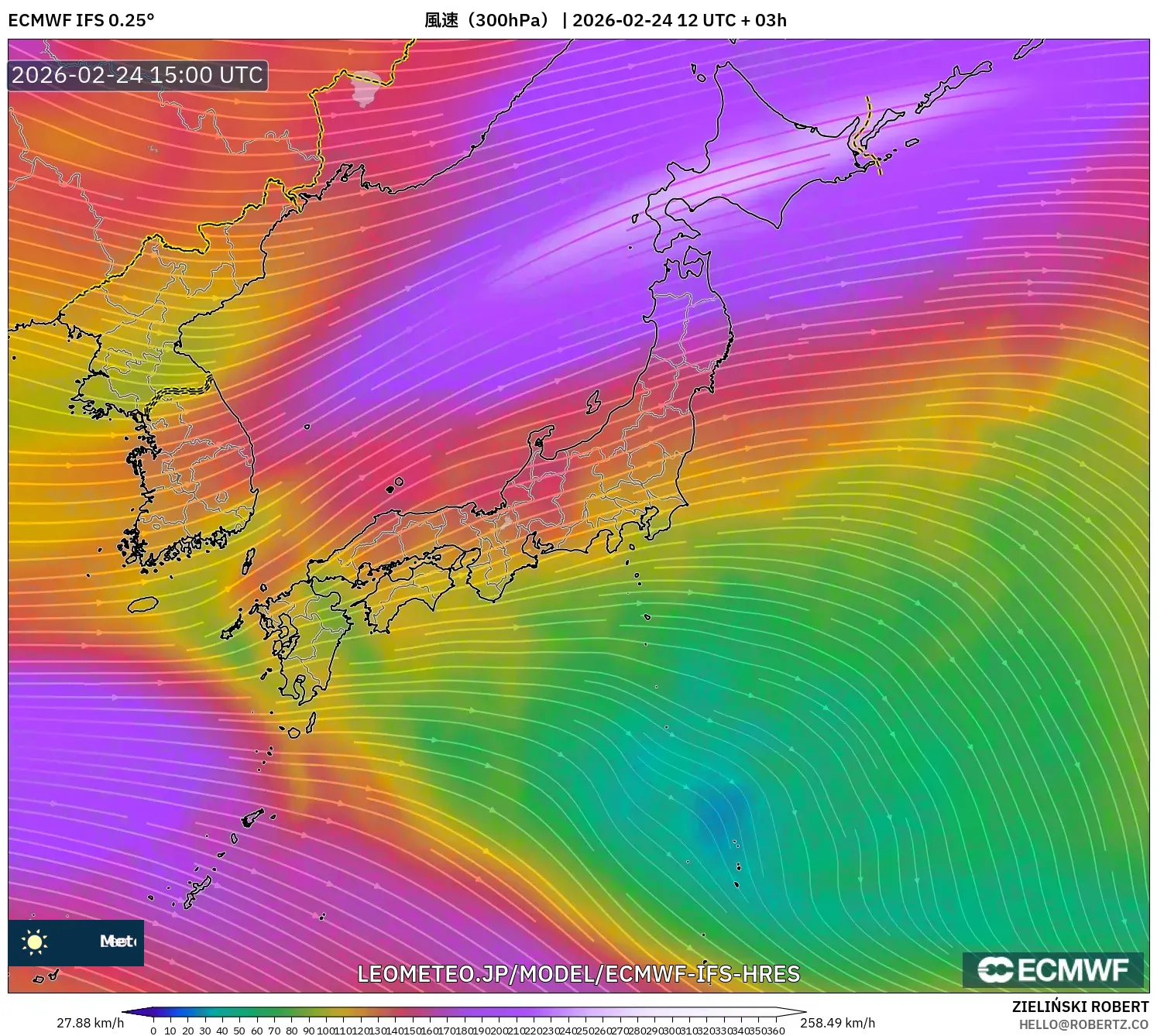 ECMWF IFS 0.25° model - 日本, 風速（300hPa）