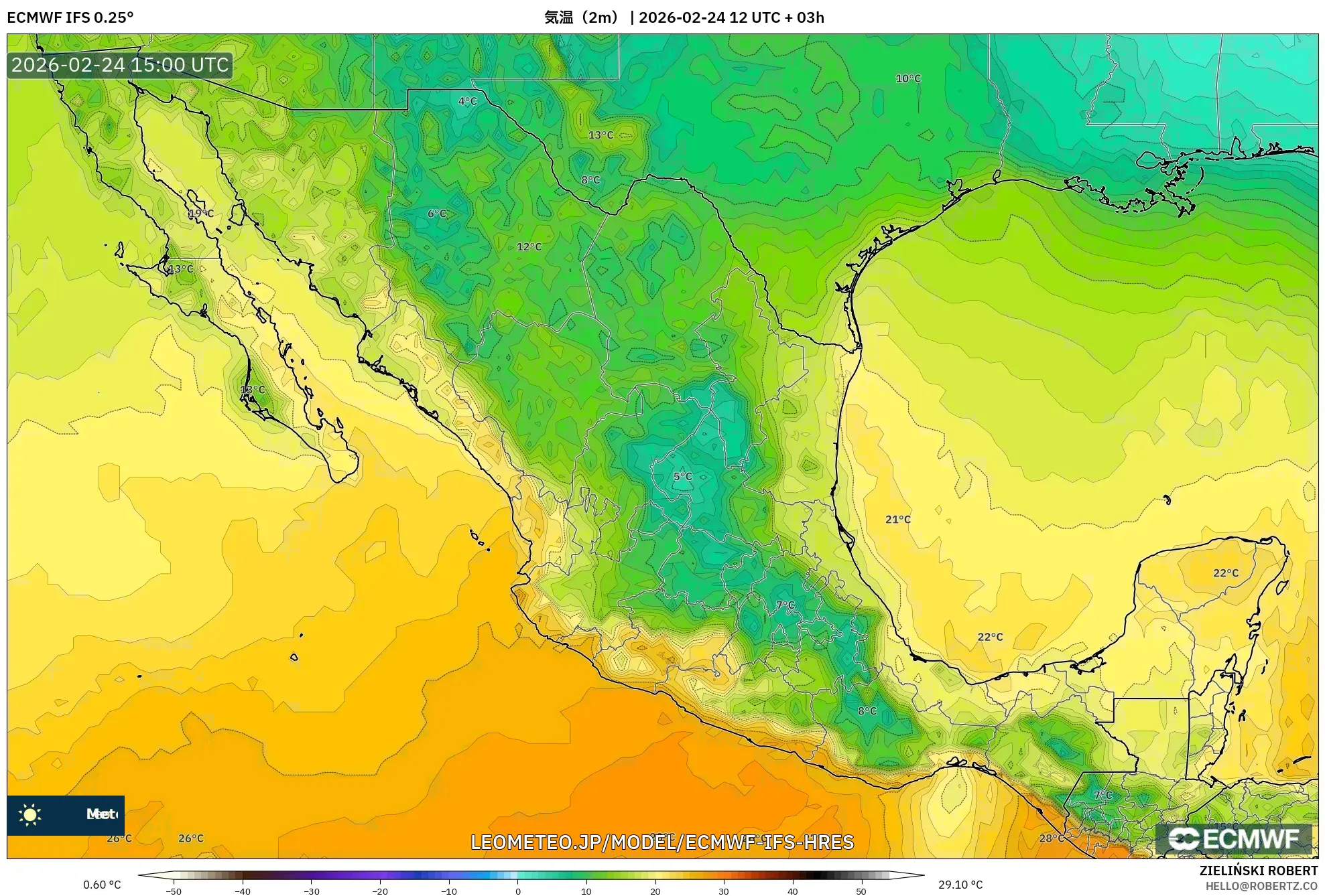 ECMWF IFS 0.25° model - メキシコ, 気温（2m）