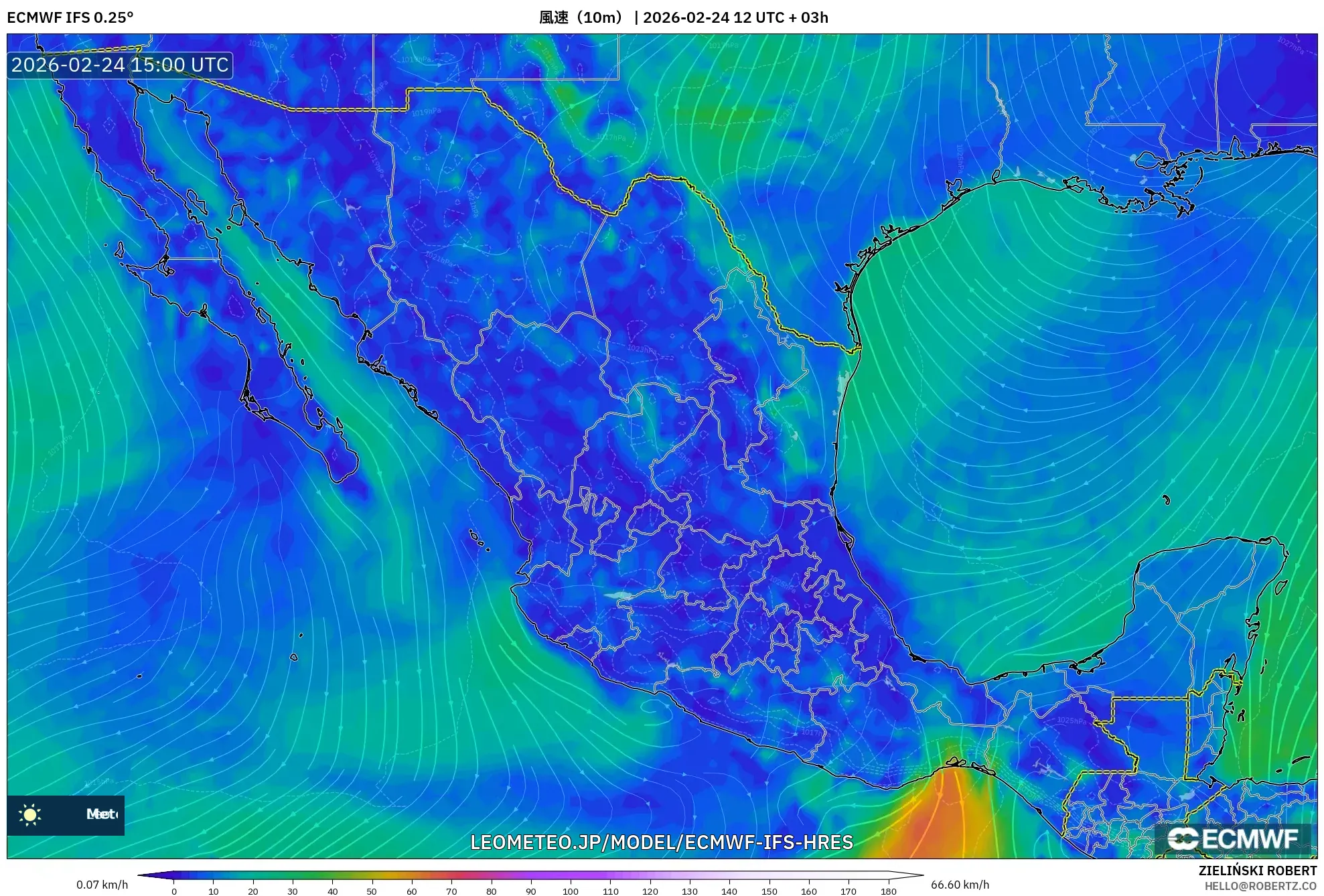ECMWF IFS 0.25° model - メキシコ, 風速（10m）