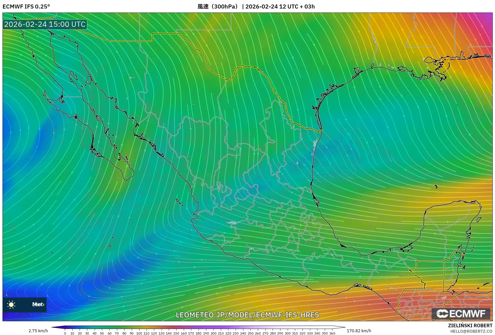 ECMWF IFS 0.25° model - メキシコ, 風速（300hPa）