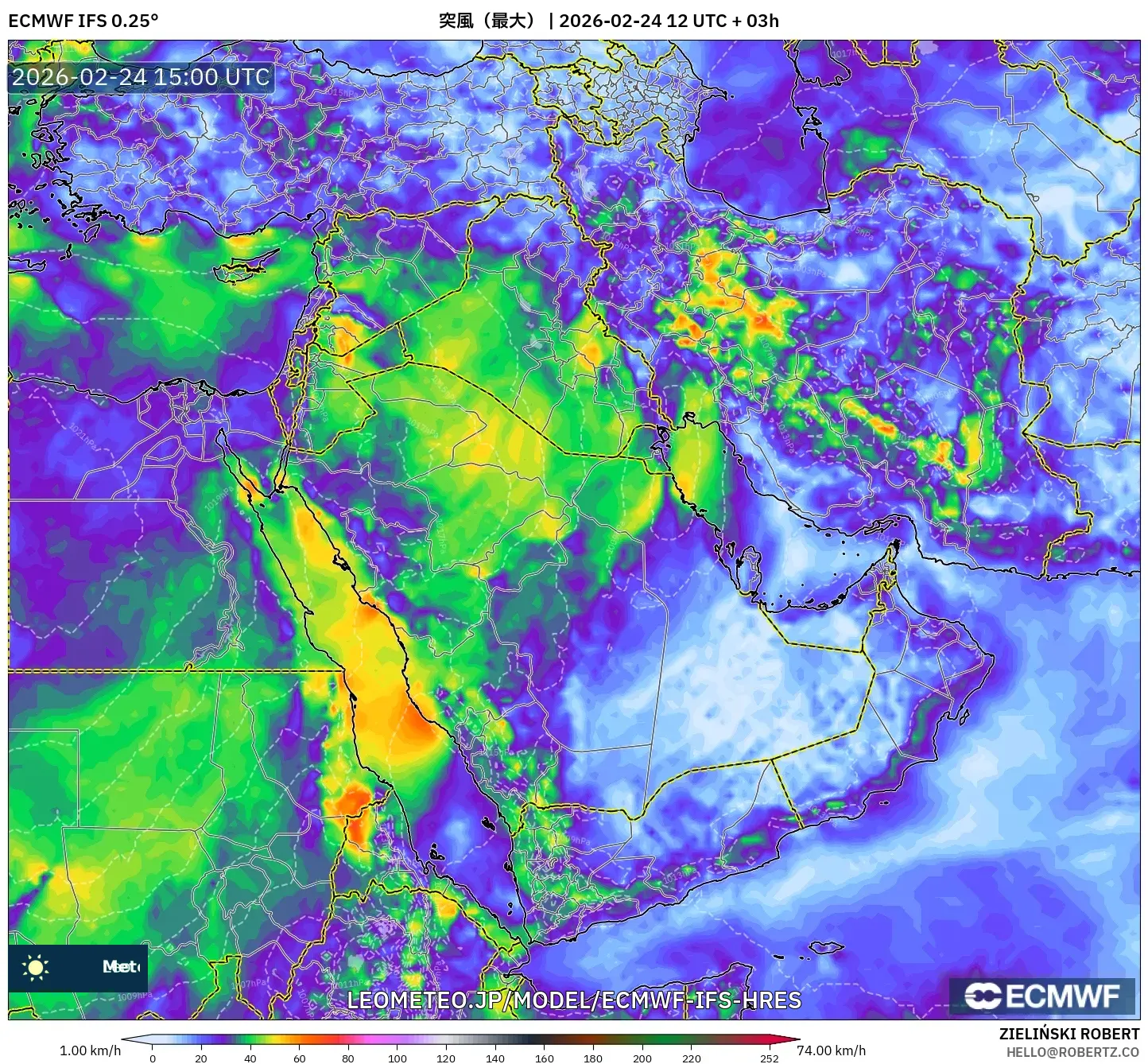 ECMWF IFS 0.25° model - 中東, 突風（最大）