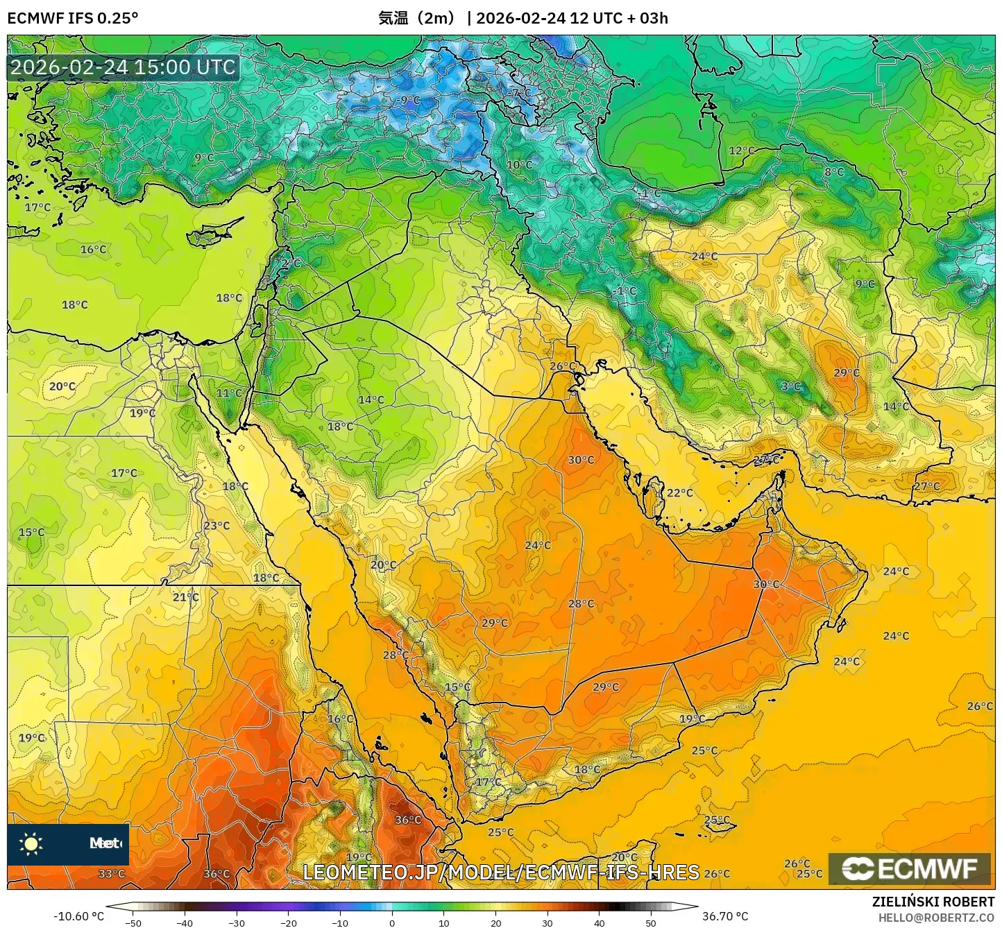 ECMWF IFS 0.25° model - 中東, 気温（2m）