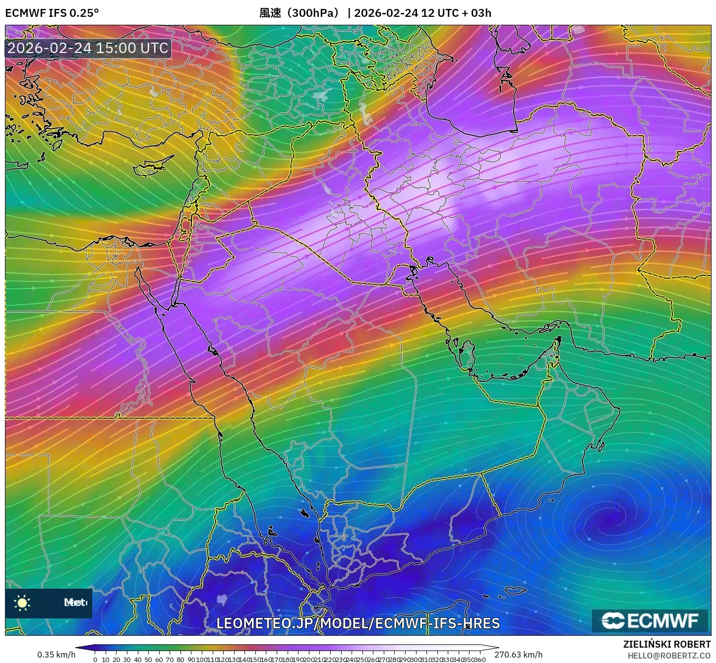 ECMWF IFS 0.25° model - 中東, 風速（300hPa）